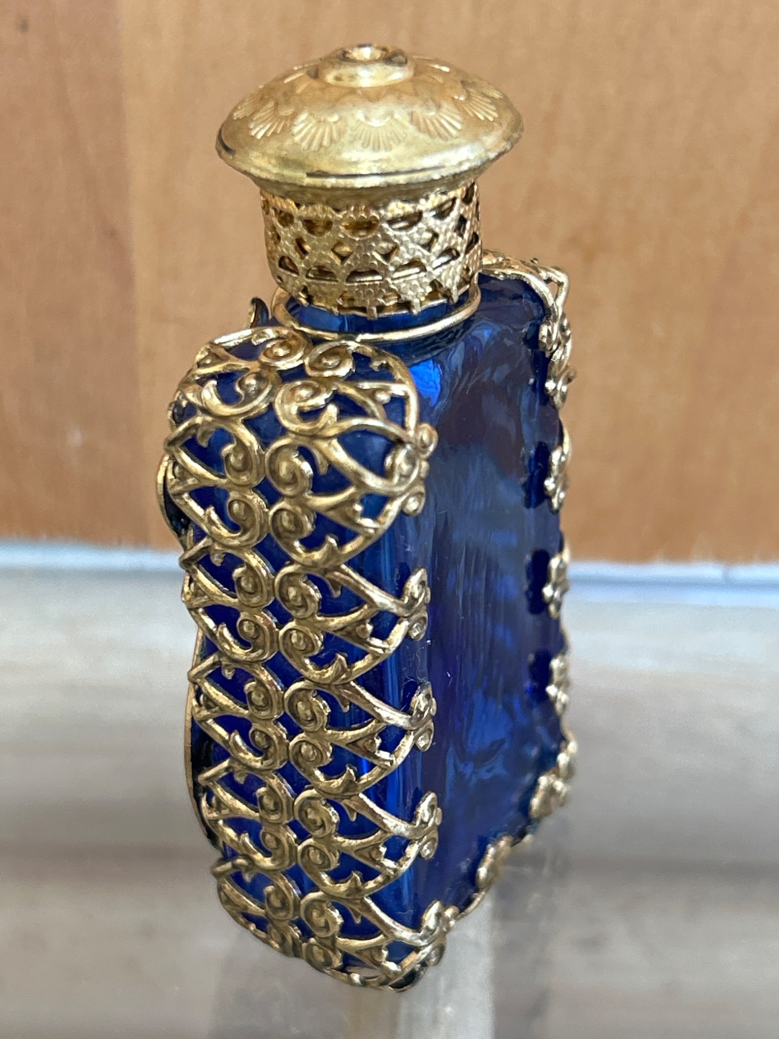 Gold-Tone Filigree Cobalt Blue Glass Perfume Bottle with Red Stone - 3