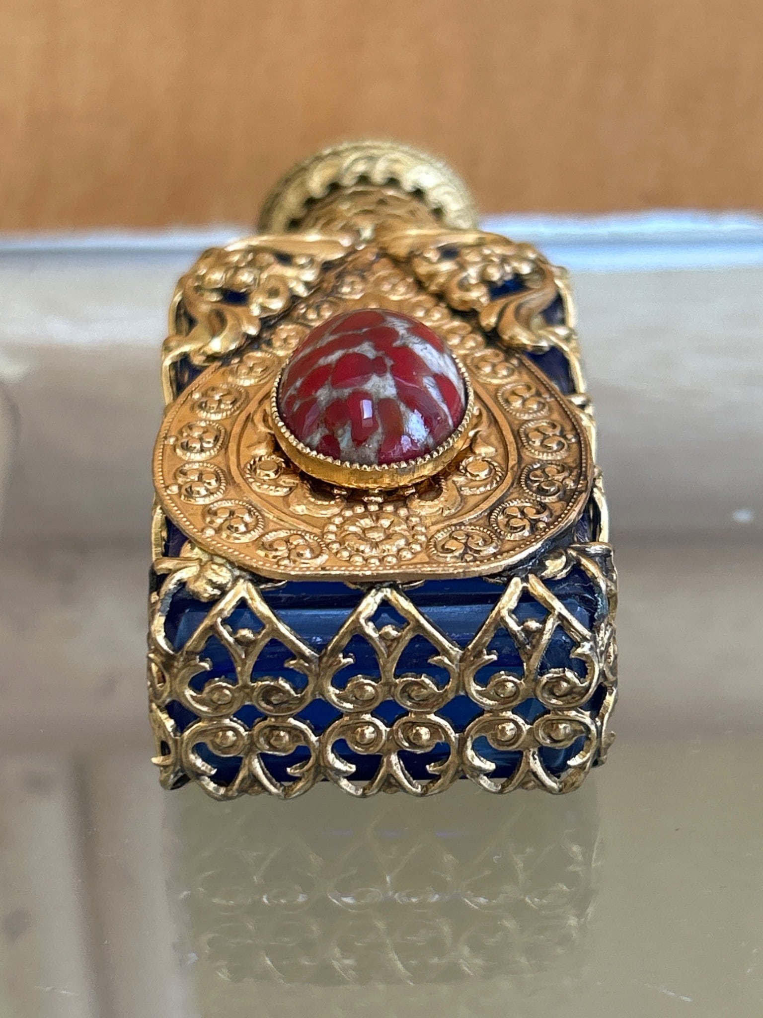 Gold-Tone Filigree Cobalt Blue Glass Perfume Bottle with Red Stone - 4