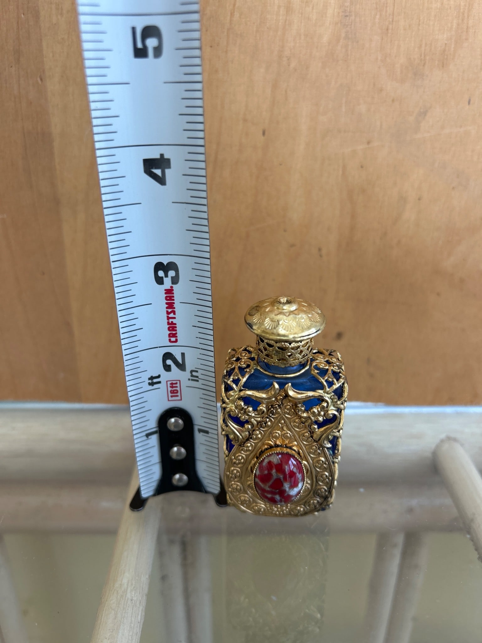 Gold-Tone Filigree Cobalt Blue Glass Perfume Bottle with Red Stone - 5