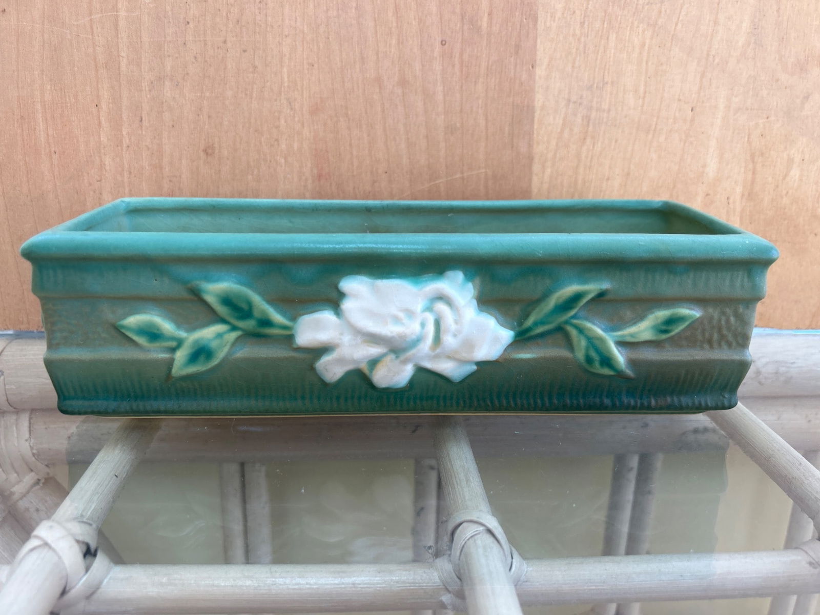 Rectangular Ceramic Planter, USA, Model 653-8: This is a rectangular ceramic planter with embossed floral decorations. The piece features the model number 653-8 and 'USA' marking under the base. The dimensions measure approximately 8 inches in len