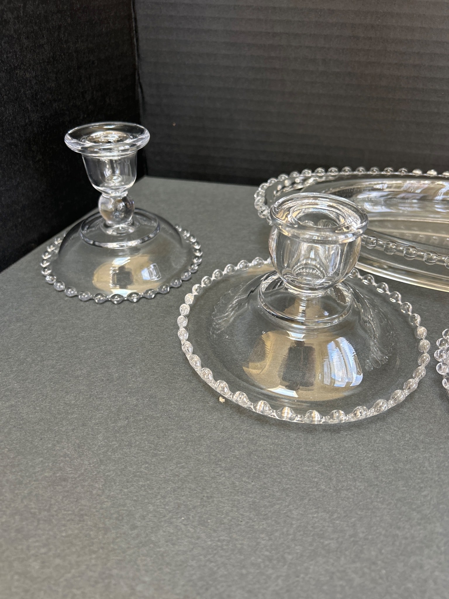 Pressed Glass Serving Set with Beaded Edges, Including Candlesticks and Plates - 2
