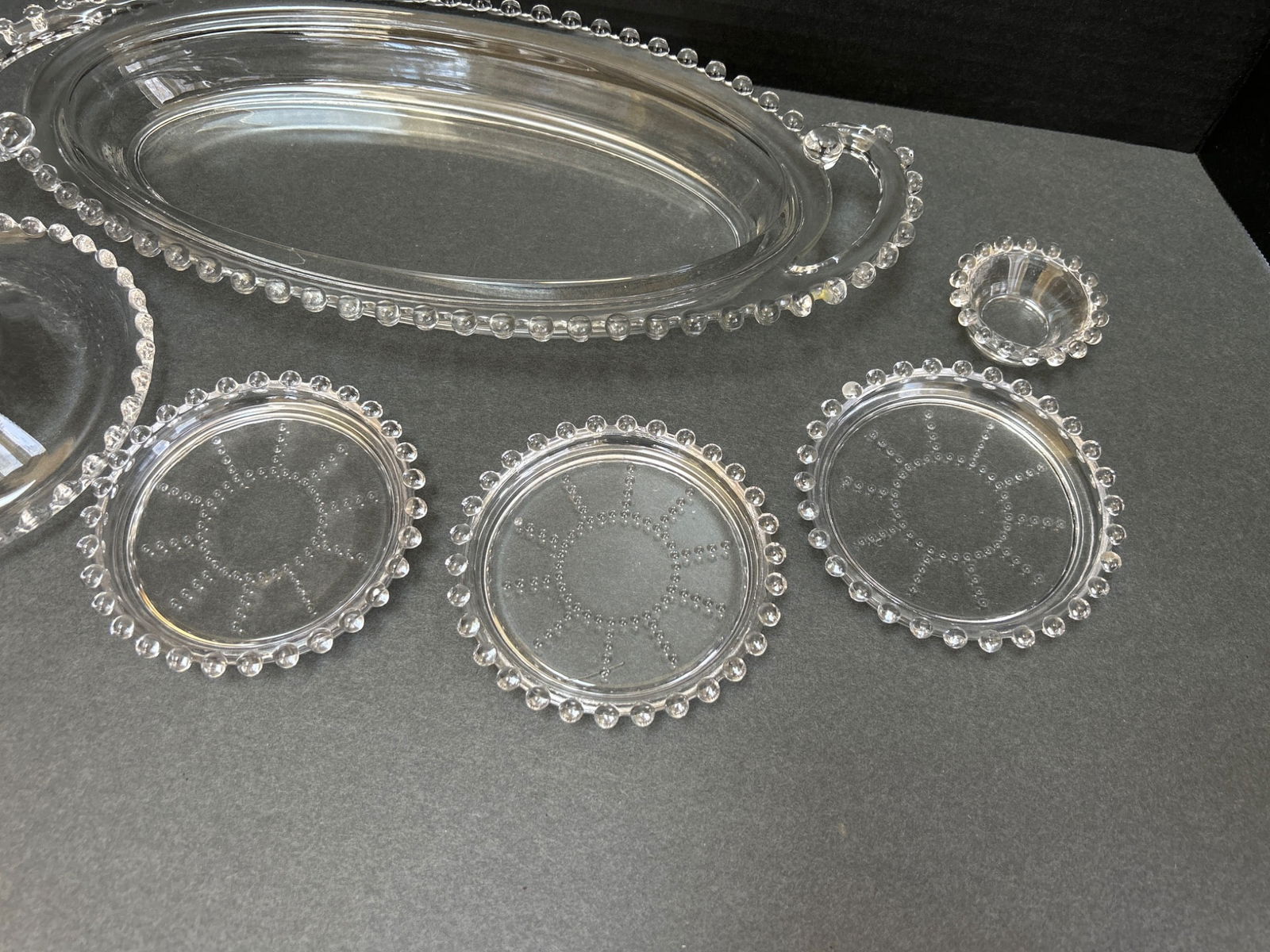 Pressed Glass Serving Set with Beaded Edges, Including Candlesticks and Plates - 3