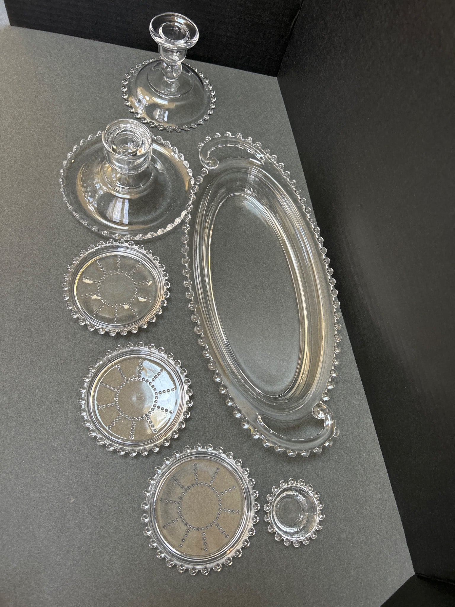 Pressed Glass Serving Set with Beaded Edges, Including Candlesticks and Plates - 4