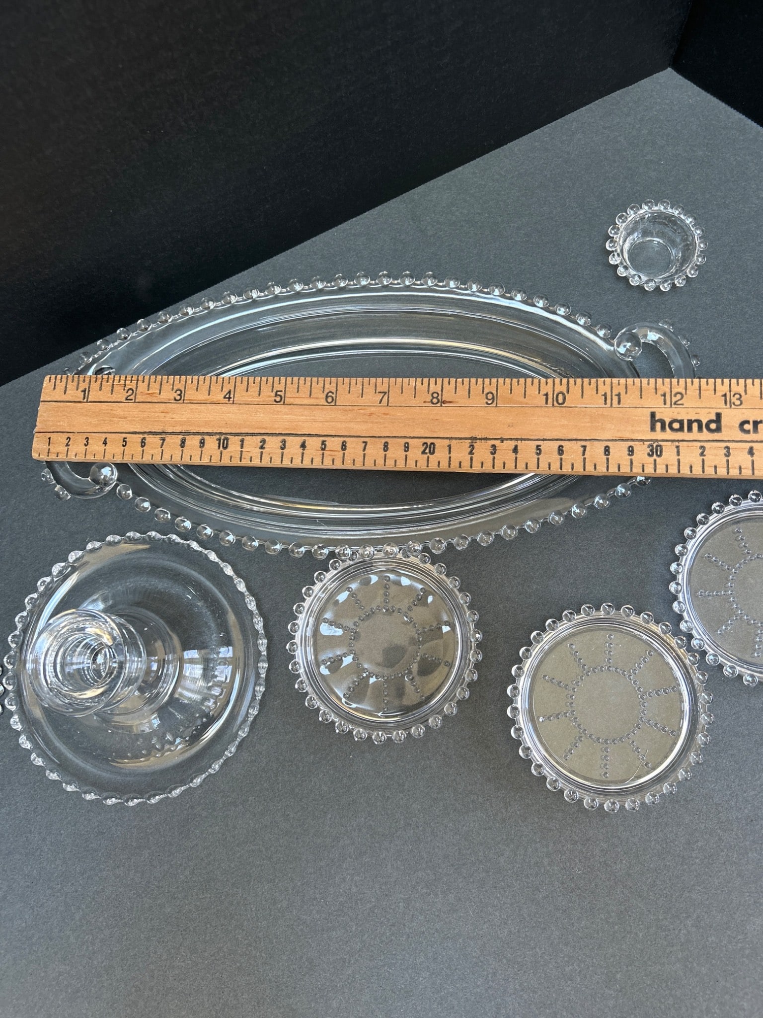 Pressed Glass Serving Set with Beaded Edges, Including Candlesticks and Plates - 5