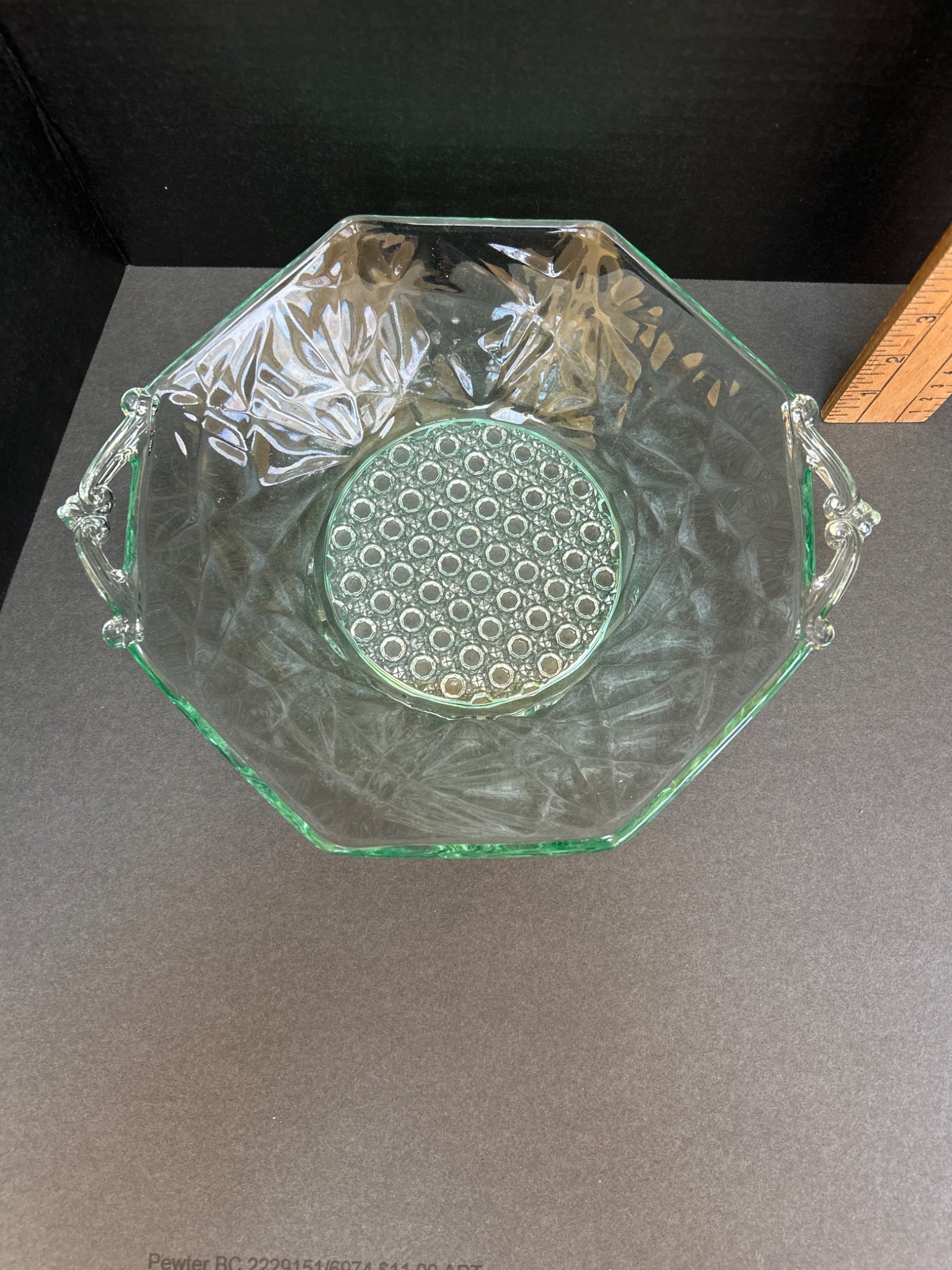 Green Glass Octagonal Bowl With Textured Base and Decorative Handles - 3