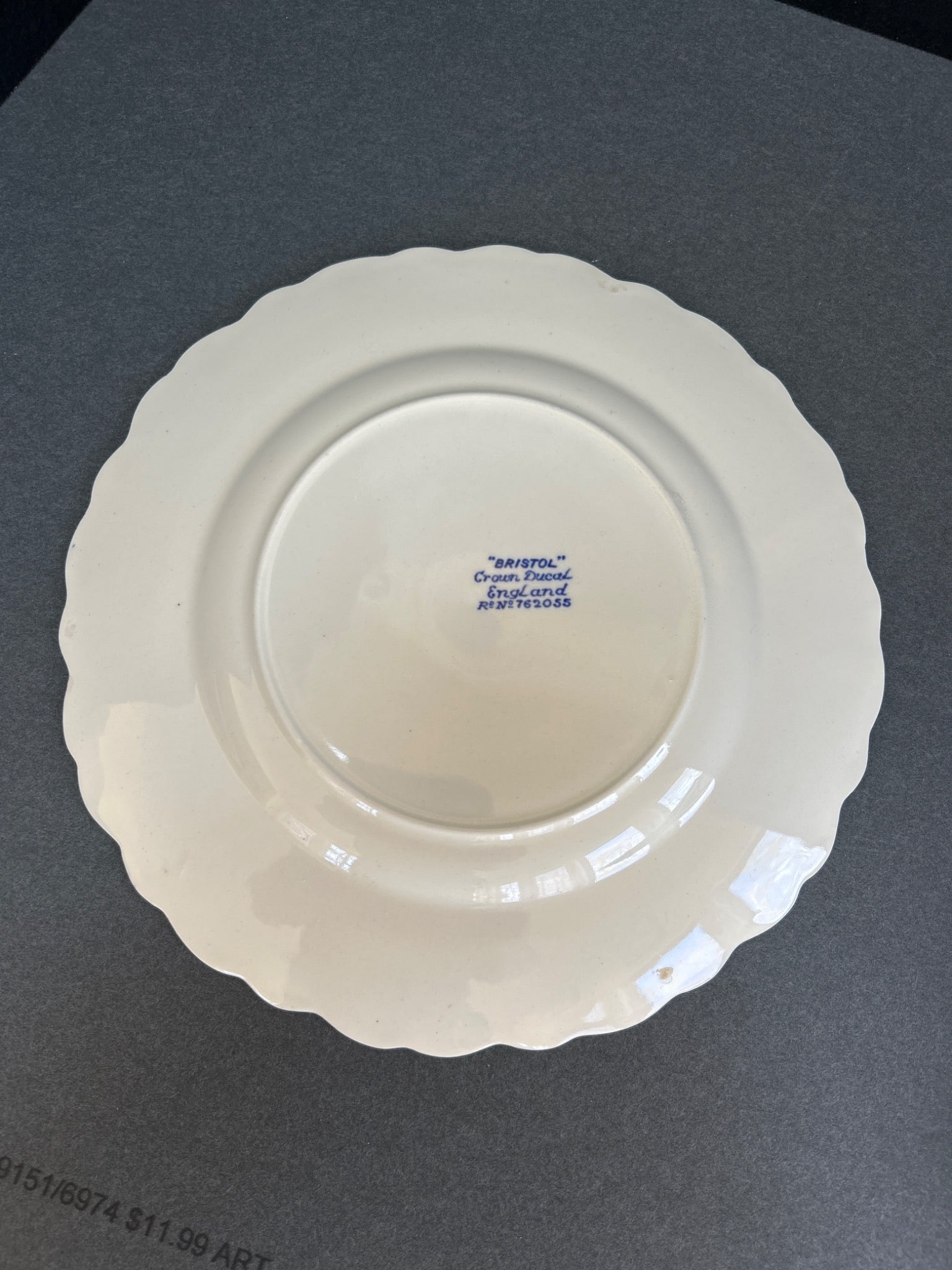 Crown Ducal Bristol Blue Transferware Plate with Registration Number 762055 - 3