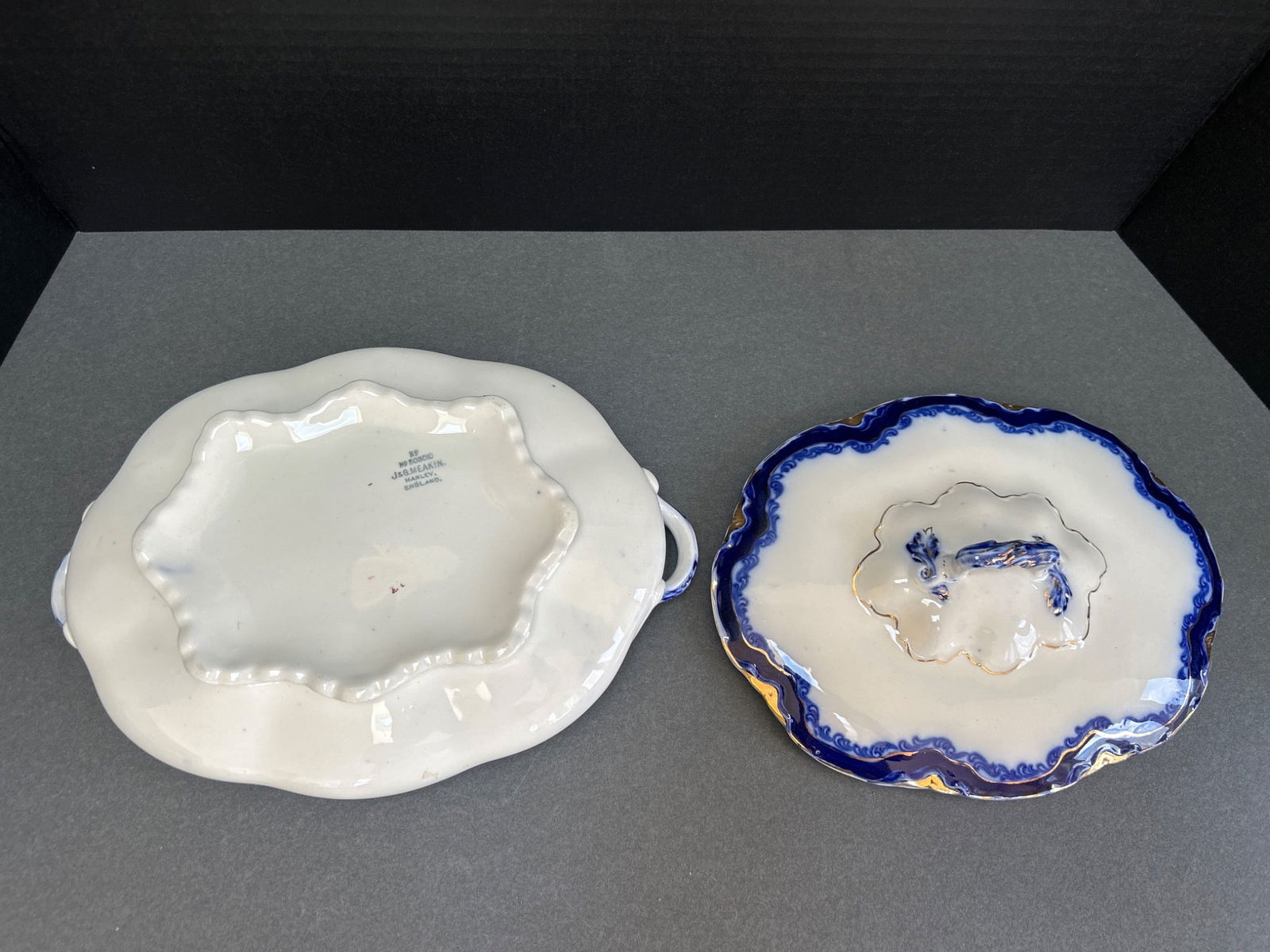 J&G Meakin Hanley England Covered Serving Dish with Blue and Gold Design - 4