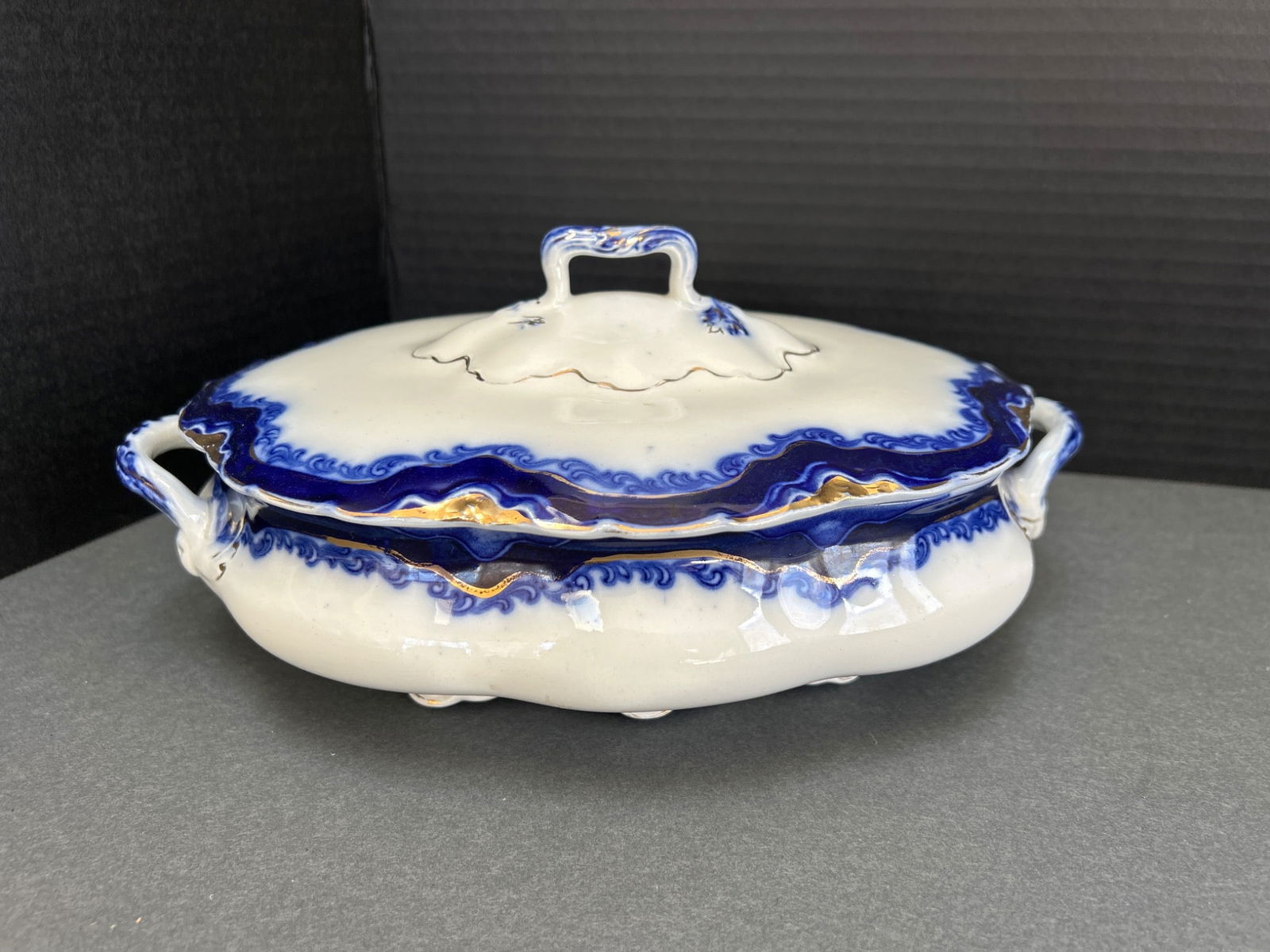 J&G Meakin Hanley England Covered Serving Dish with Blue and Gold Design - 6