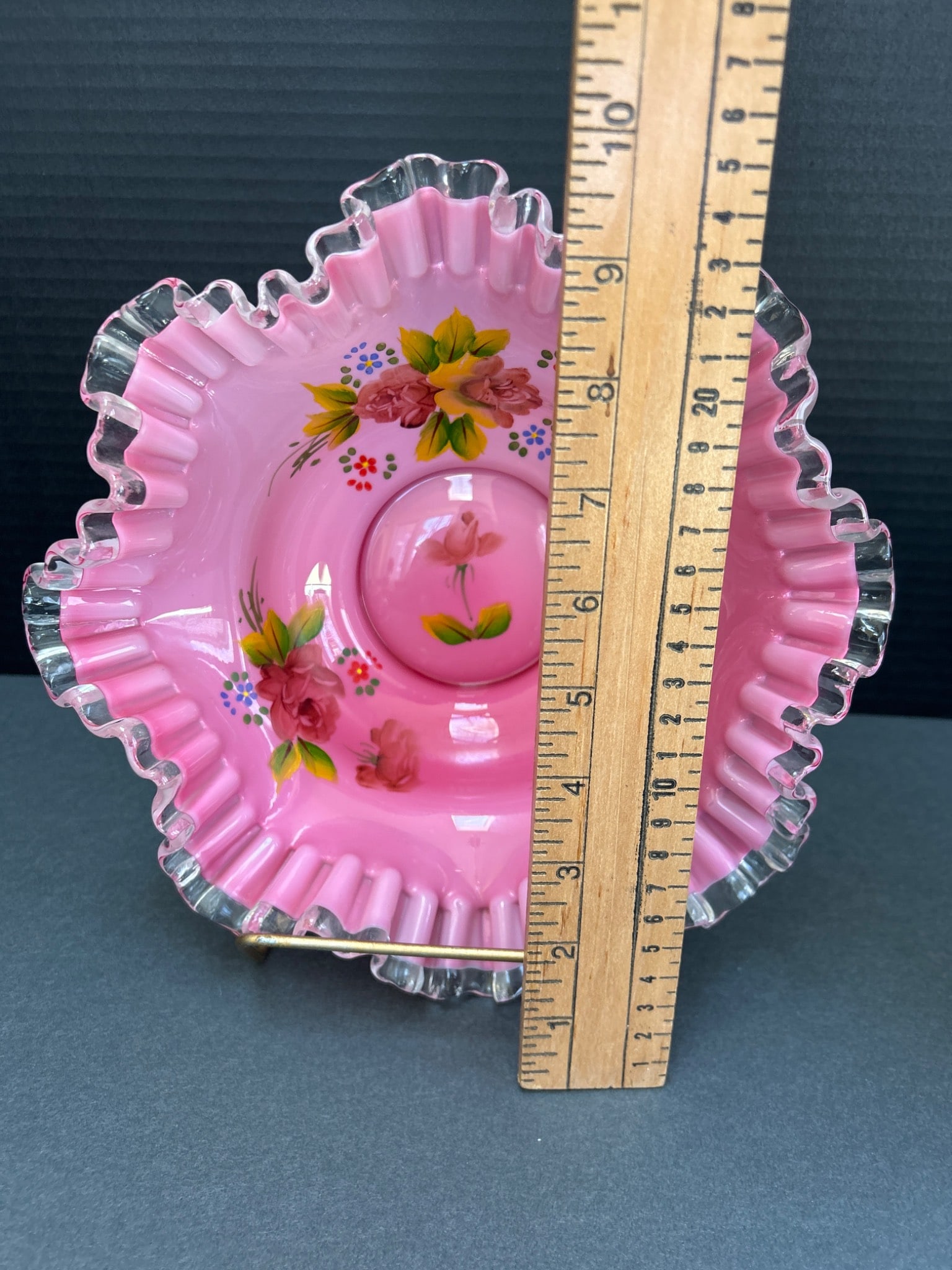 Hand-Blown Ruffled Pink Glass Bowl with Floral Pattern and Clear Rim - 2