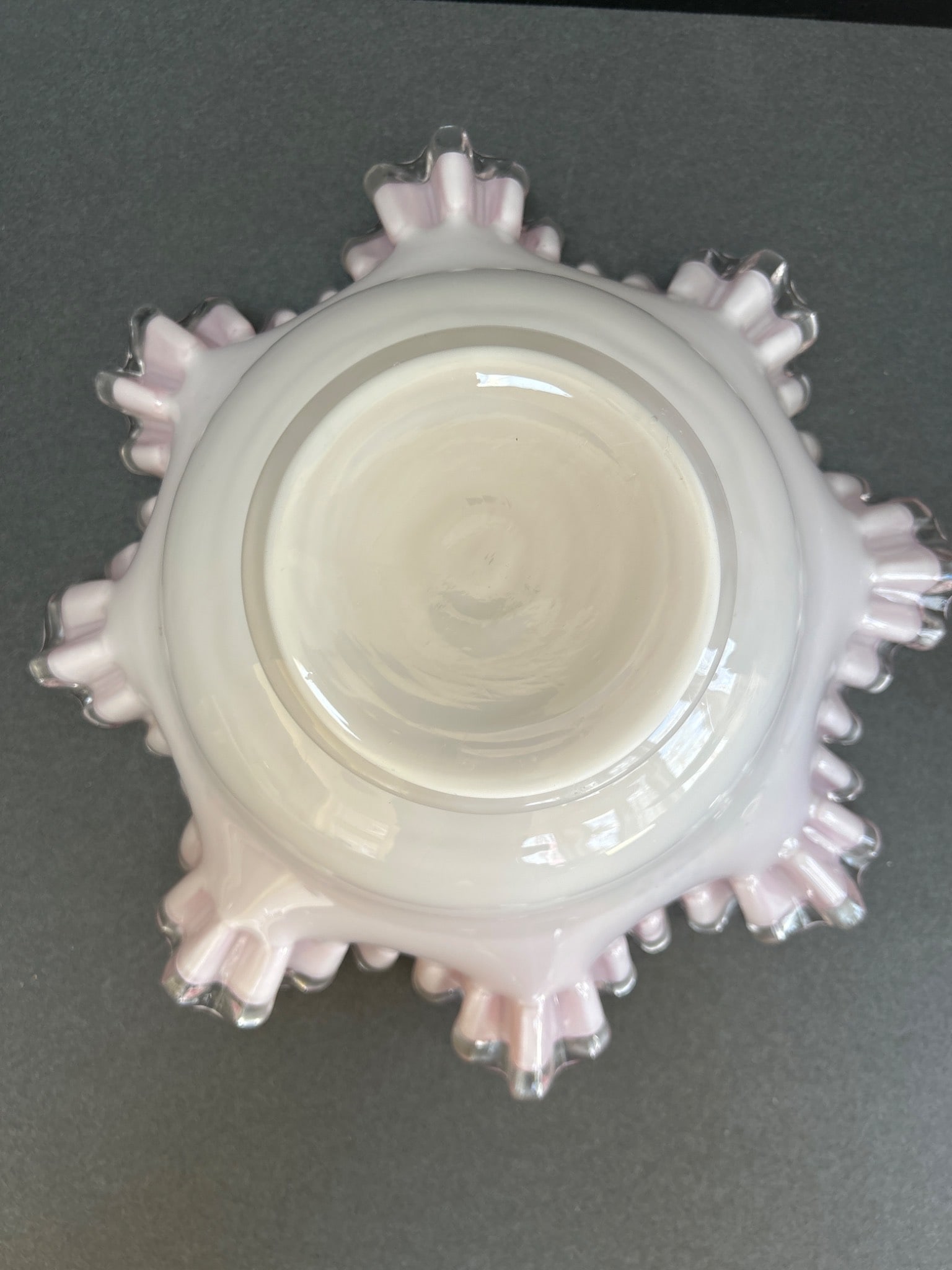 Hand-Blown Ruffled Pink Glass Bowl with Floral Pattern and Clear Rim - 3