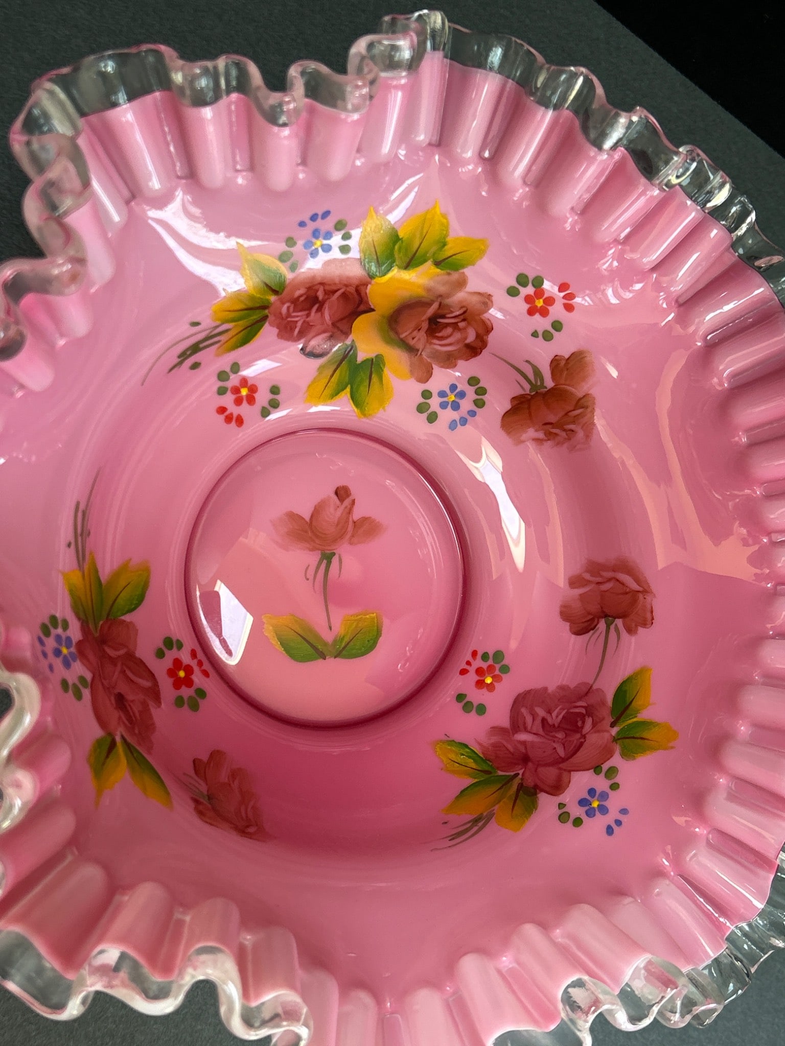 Hand-Blown Ruffled Pink Glass Bowl with Floral Pattern and Clear Rim - 5
