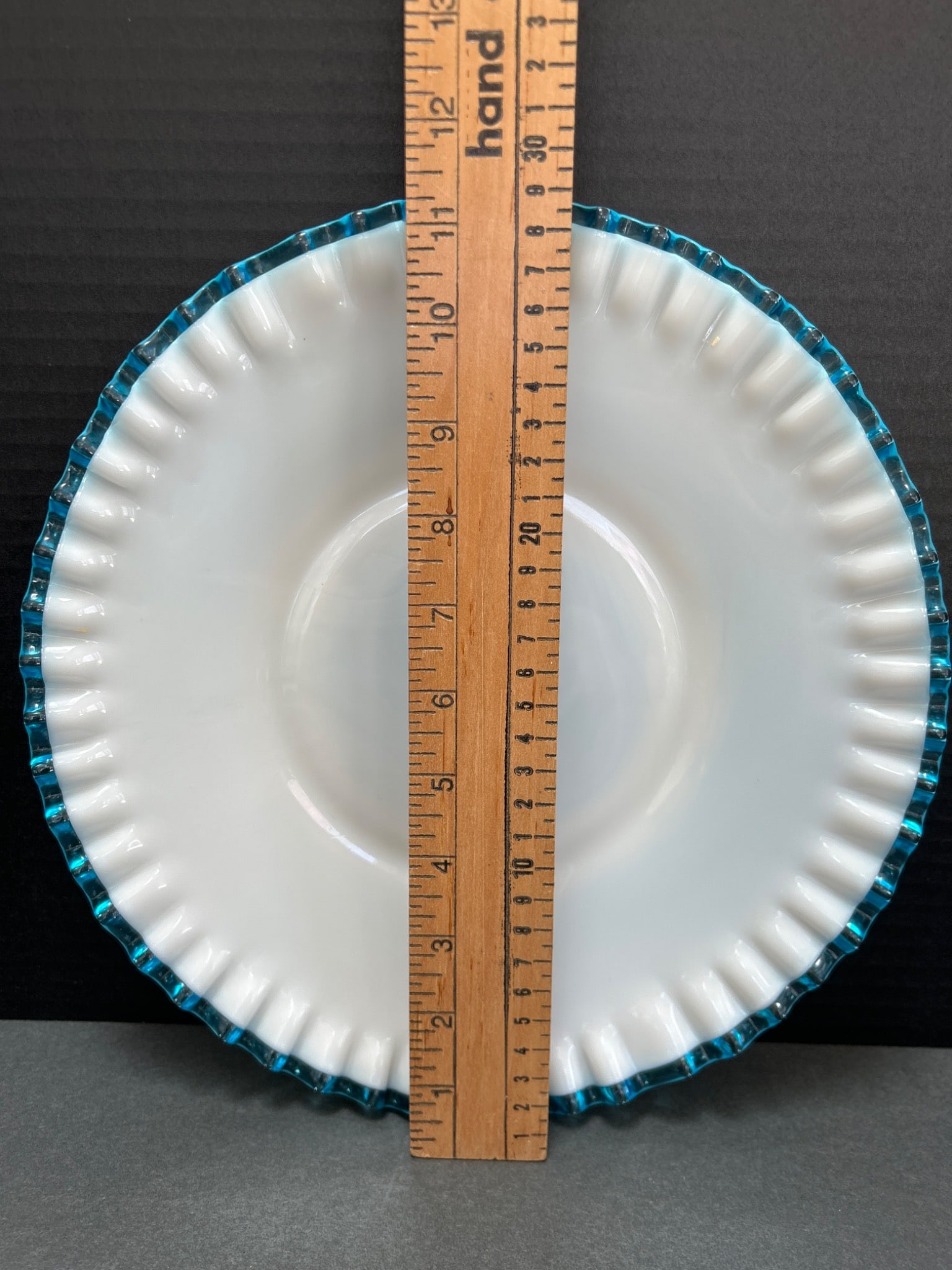 White Milk Glass Plate With Blue Ruffled Edge, Approx. 9 Inches - 2