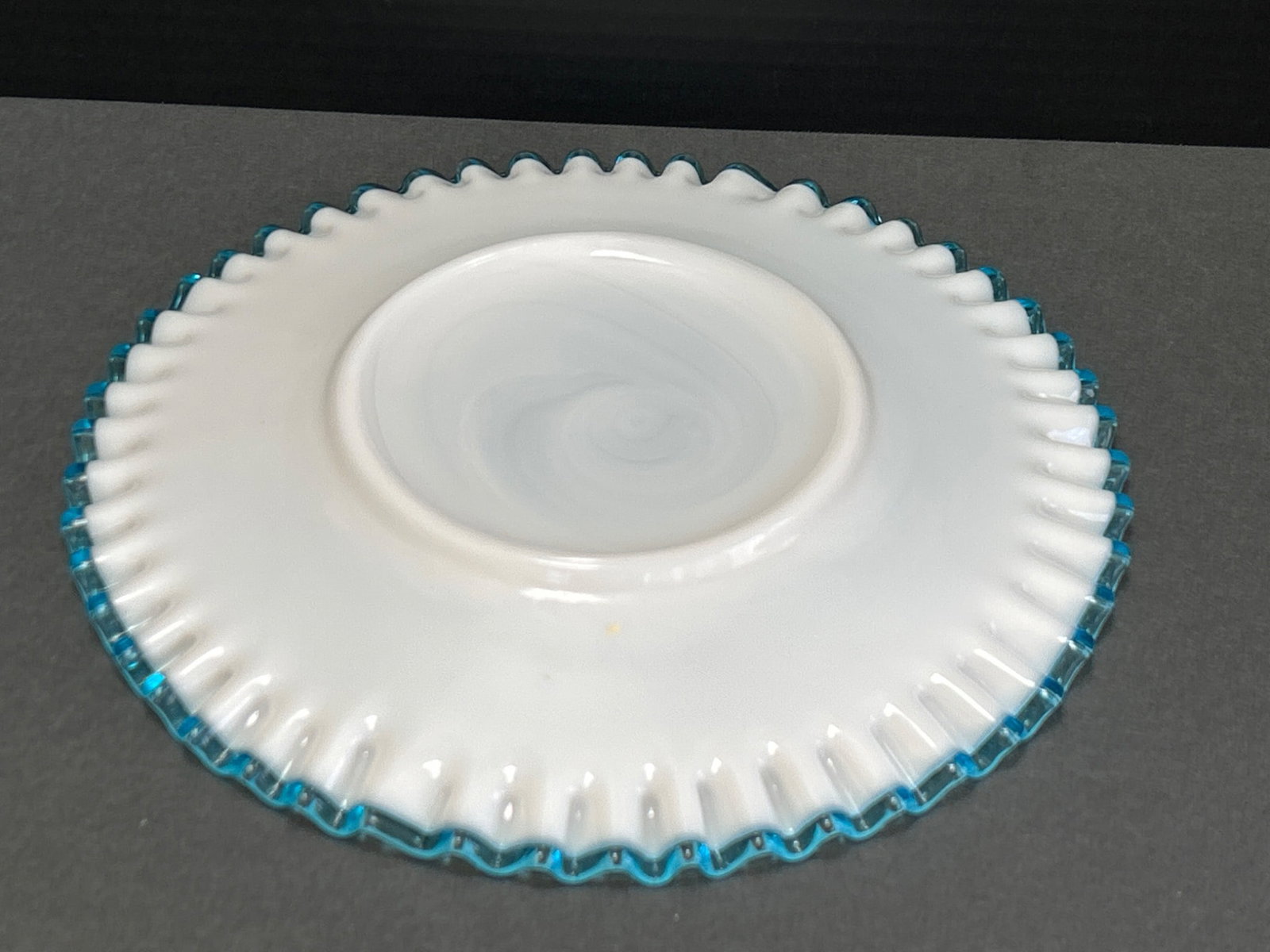White Milk Glass Plate With Blue Ruffled Edge, Approx. 9 Inches - 4