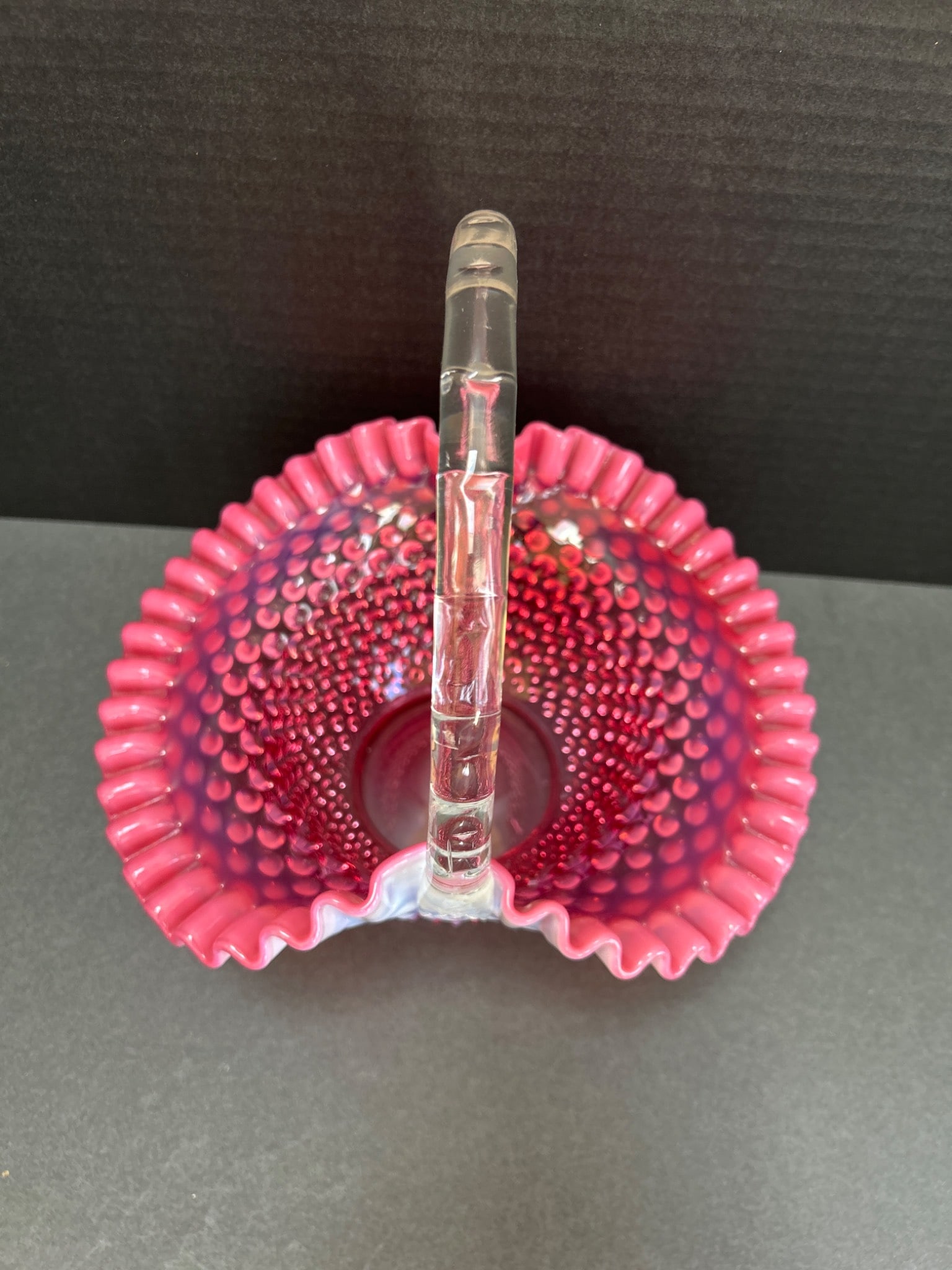 Ruby Red Hobnail Glass Basket With Applied Handle - 2