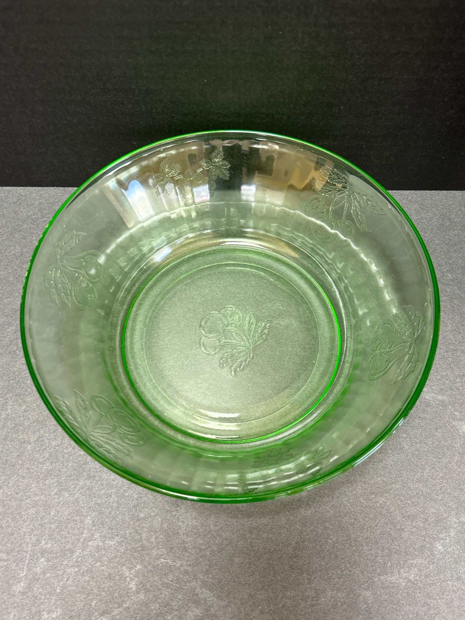 Green Depression Glass Bowl With Embossed Cherry and Grape Patterns - 2