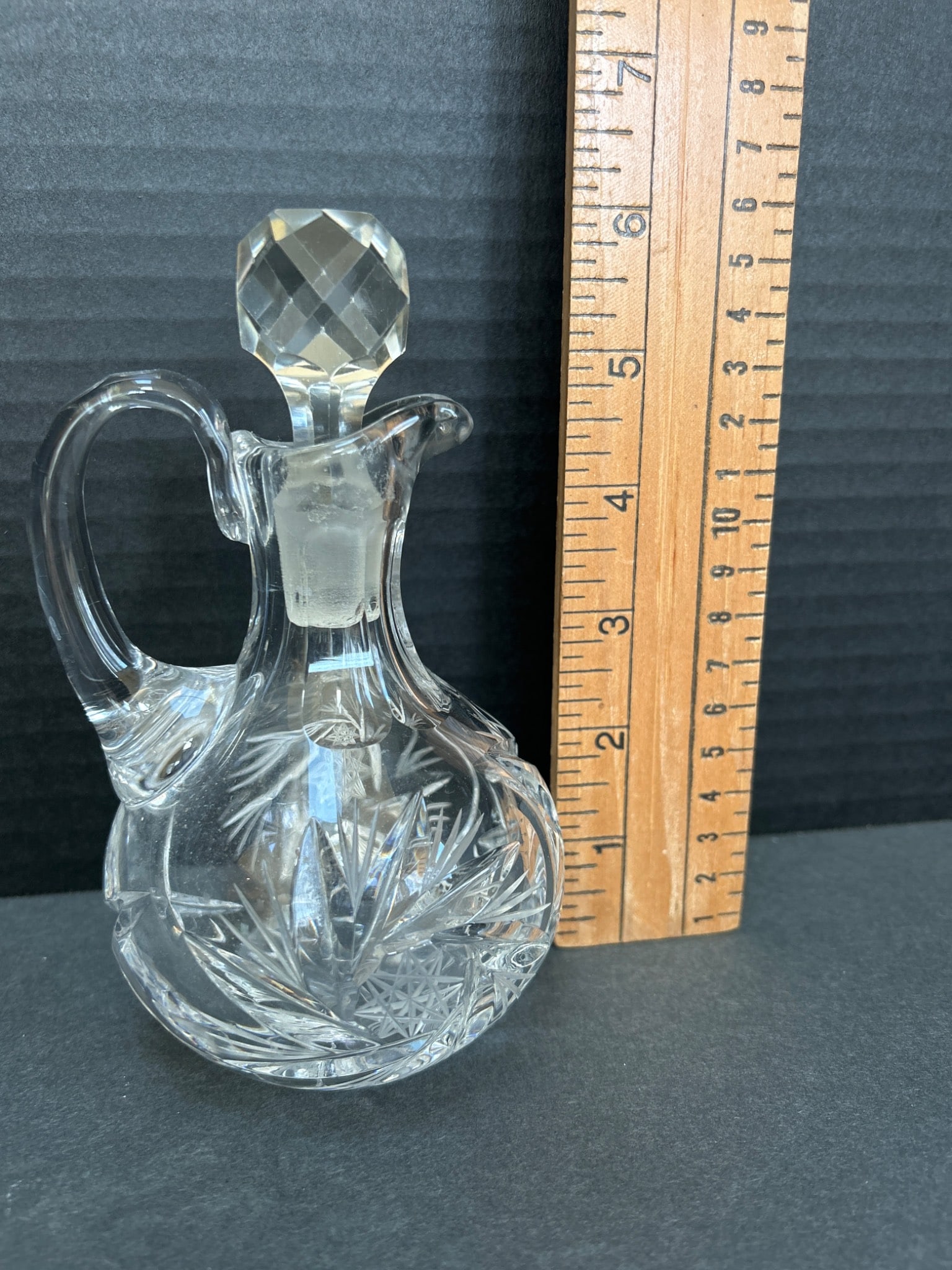 Cut Glass Cruet with Stopper and Etched Design, 7 Inches Tall - 2