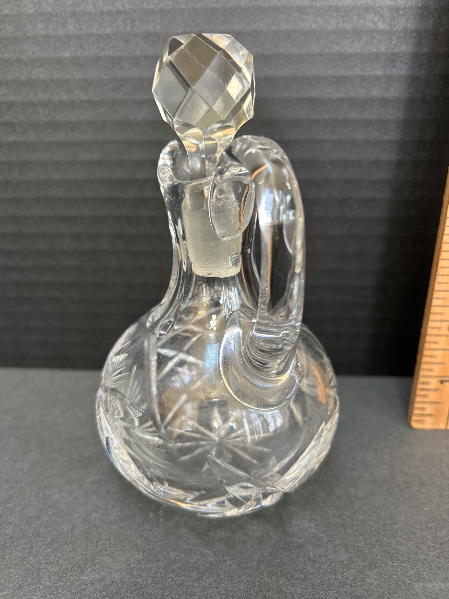 Cut Glass Cruet with Stopper and Etched Design, 7 Inches Tall - 3
