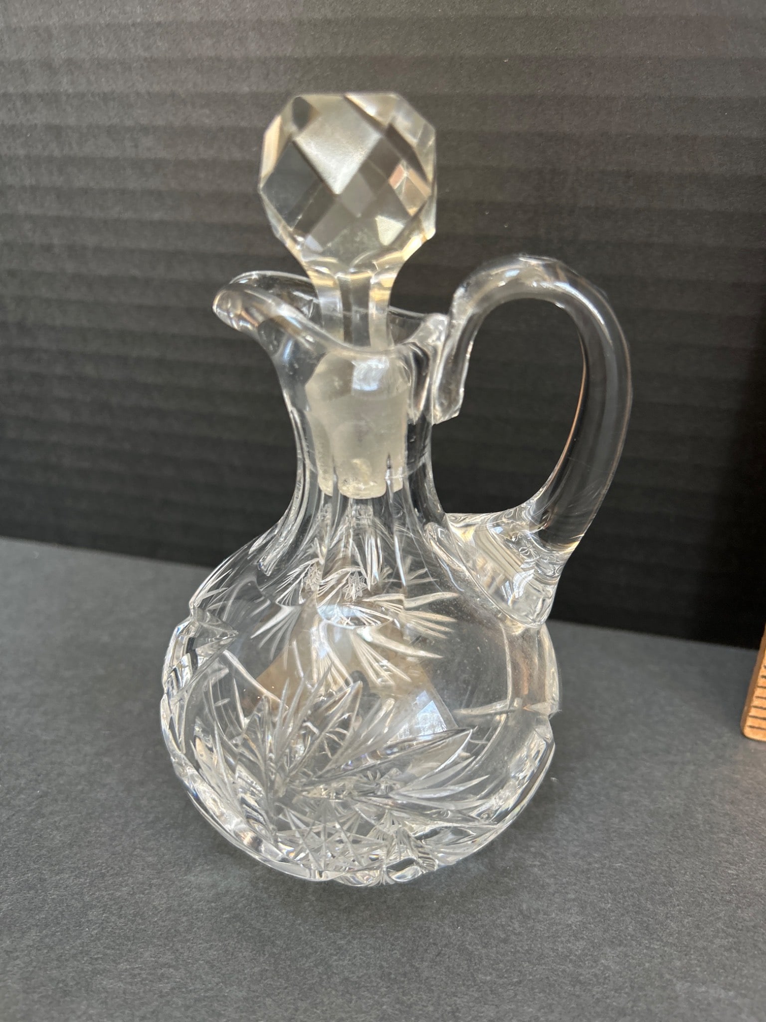 Cut Glass Cruet with Stopper and Etched Design, 7 Inches Tall - 4