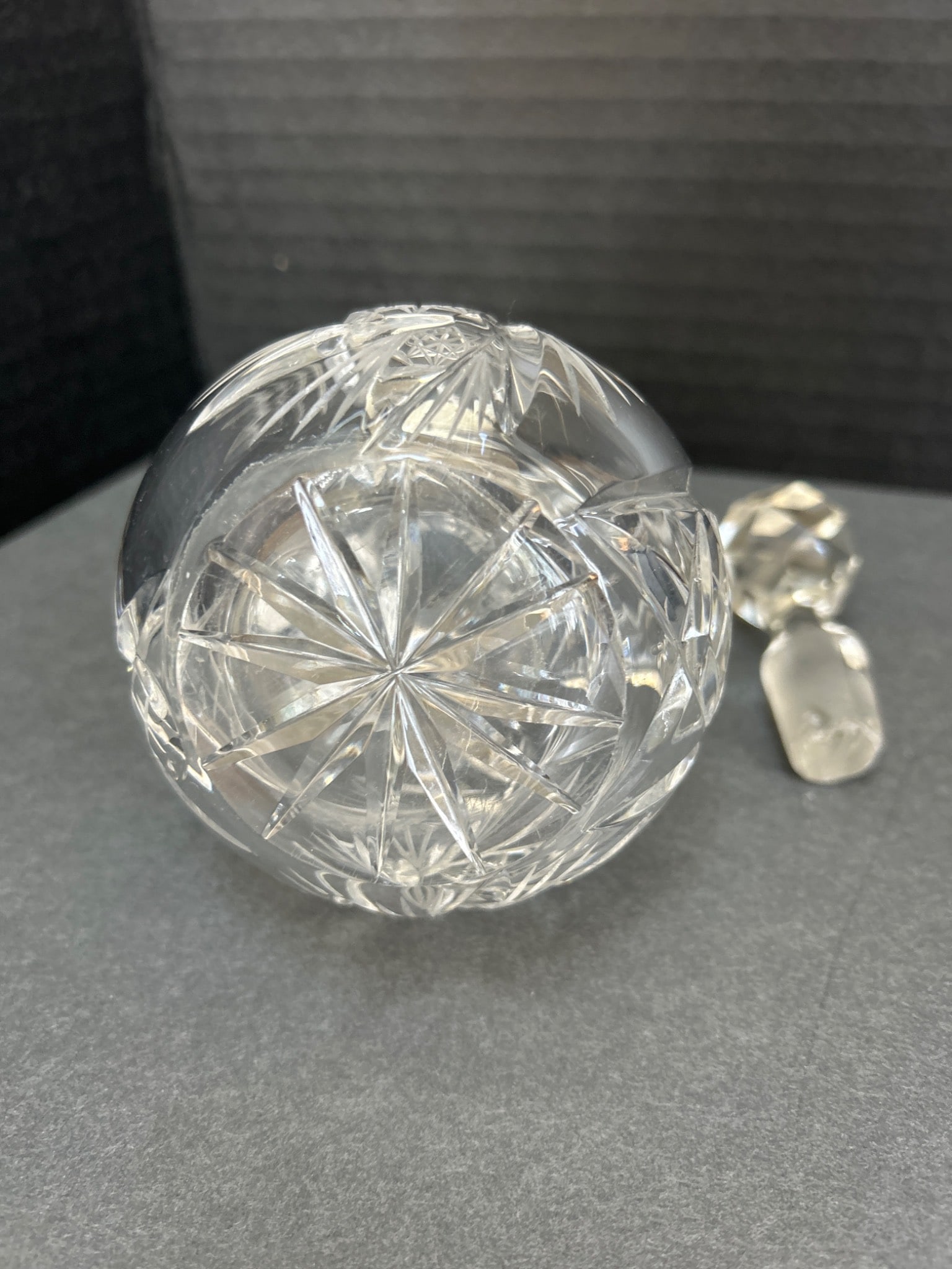 Cut Glass Cruet with Stopper and Etched Design, 7 Inches Tall - 7