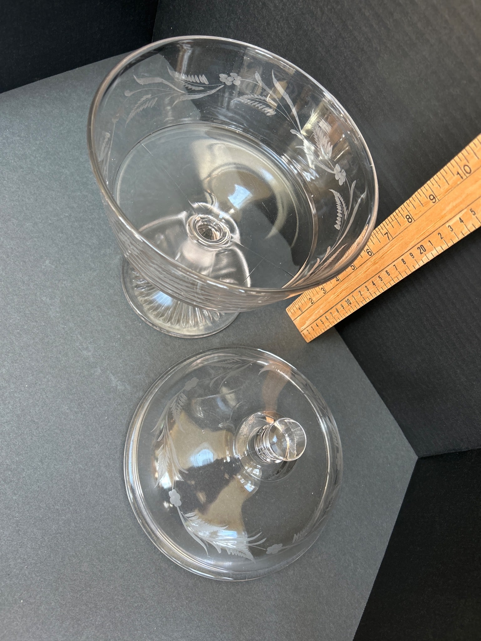 Clear Lidded Glass Compote with Etched Floral Design and Pedestal Base - 2