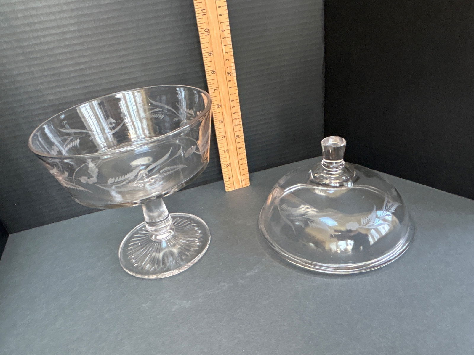 Clear Lidded Glass Compote with Etched Floral Design and Pedestal Base - 3