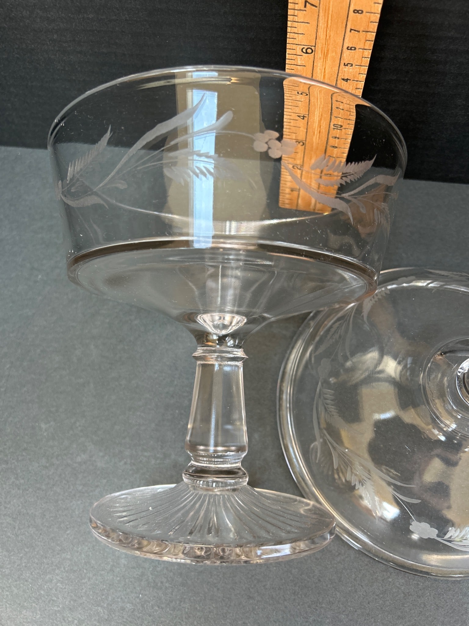 Clear Lidded Glass Compote with Etched Floral Design and Pedestal Base - 4