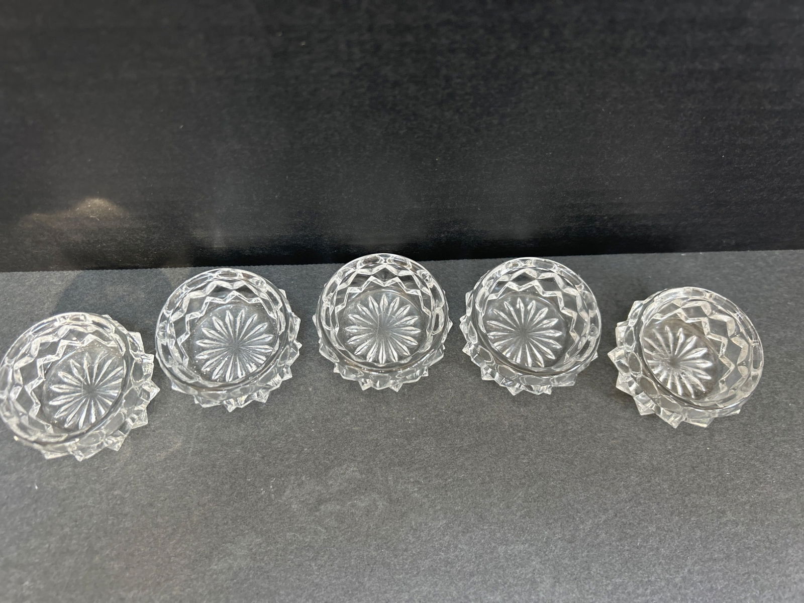 Five Pressed Glass Round Salt Cellars With Starburst Base Design - 2