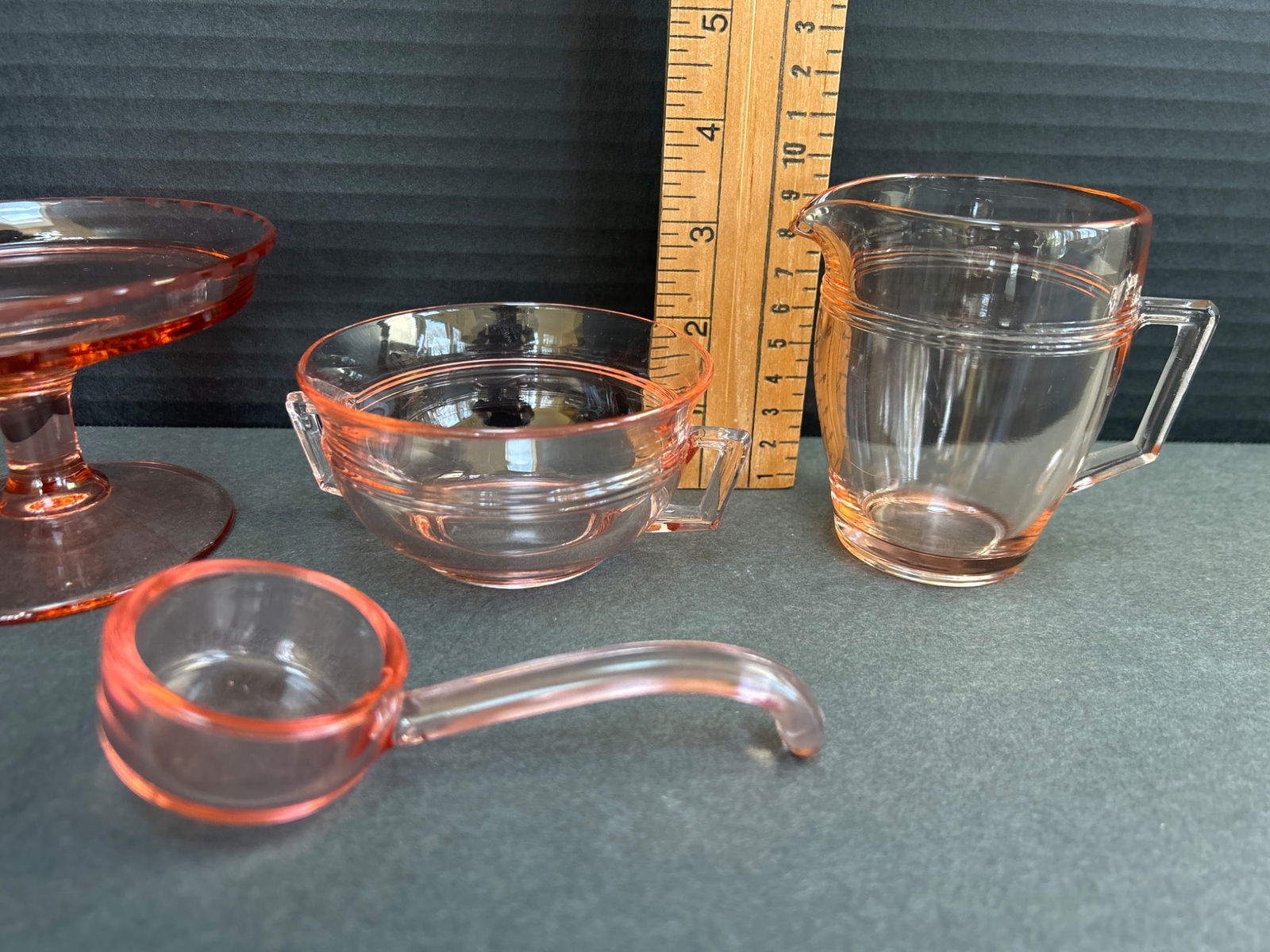 4 Pink Depression Glass Miniatures - Pedestal Dish, Handled Bowl, Pitcher, and Ladle - 2