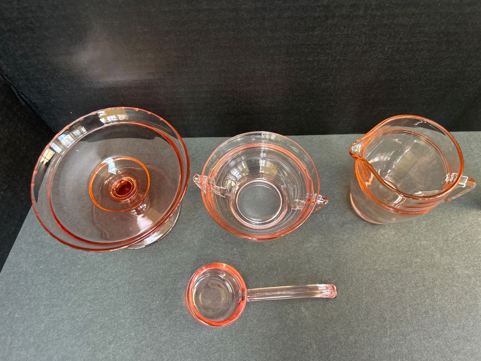 4 Pink Depression Glass Miniatures - Pedestal Dish, Handled Bowl, Pitcher, and Ladle - 3