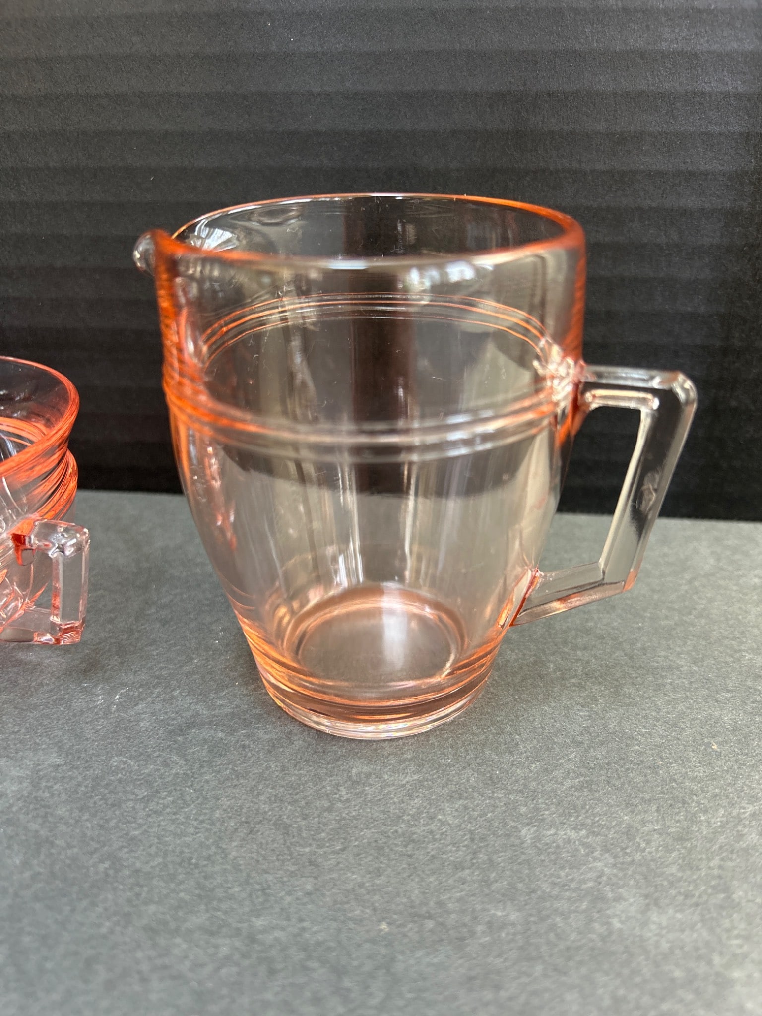 4 Pink Depression Glass Miniatures - Pedestal Dish, Handled Bowl, Pitcher, and Ladle - 4