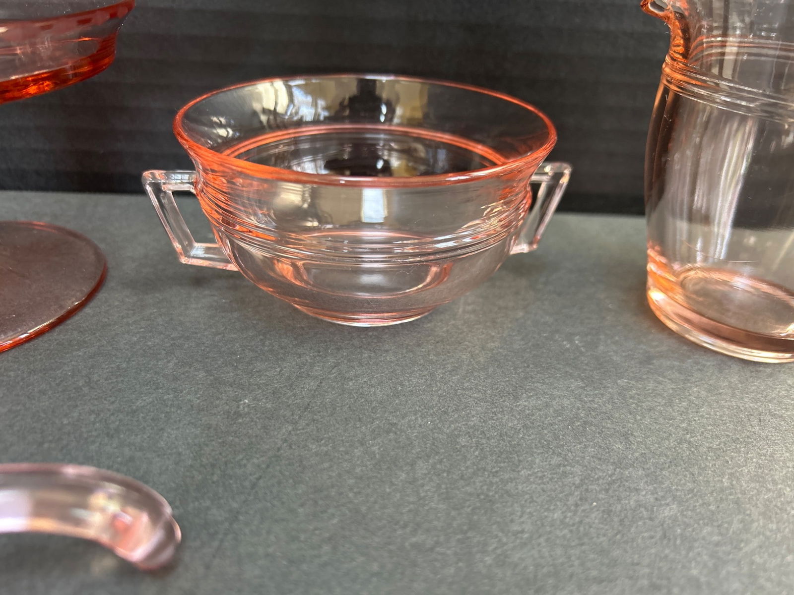 4 Pink Depression Glass Miniatures - Pedestal Dish, Handled Bowl, Pitcher, and Ladle - 5
