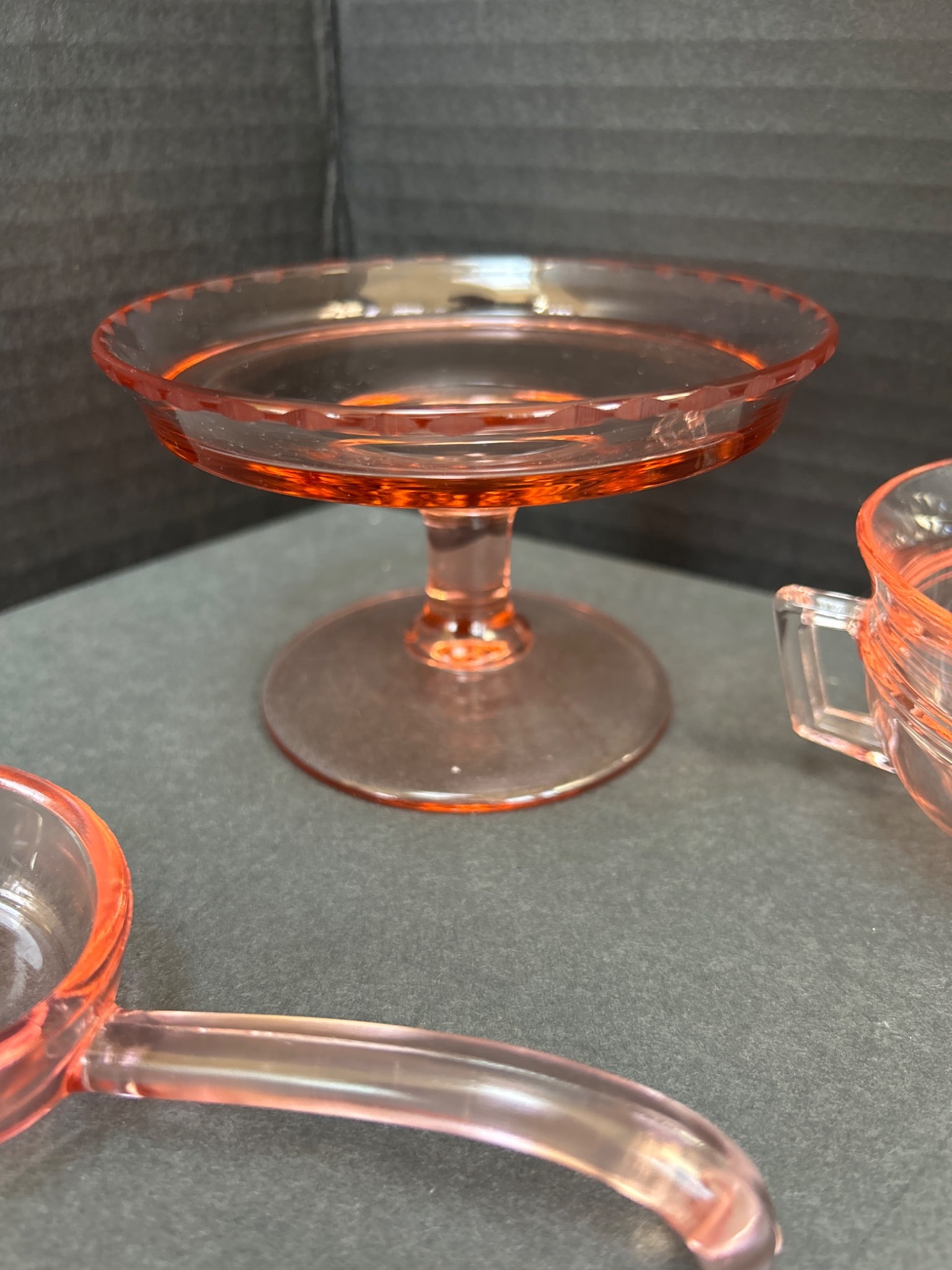 4 Pink Depression Glass Miniatures - Pedestal Dish, Handled Bowl, Pitcher, and Ladle - 6