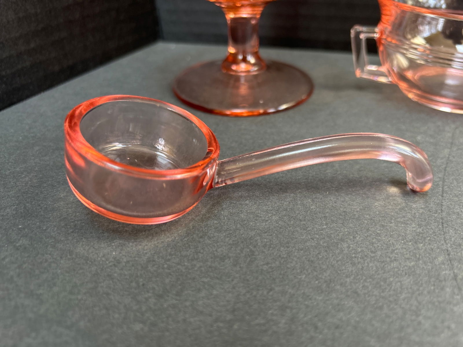 4 Pink Depression Glass Miniatures - Pedestal Dish, Handled Bowl, Pitcher, and Ladle - 7