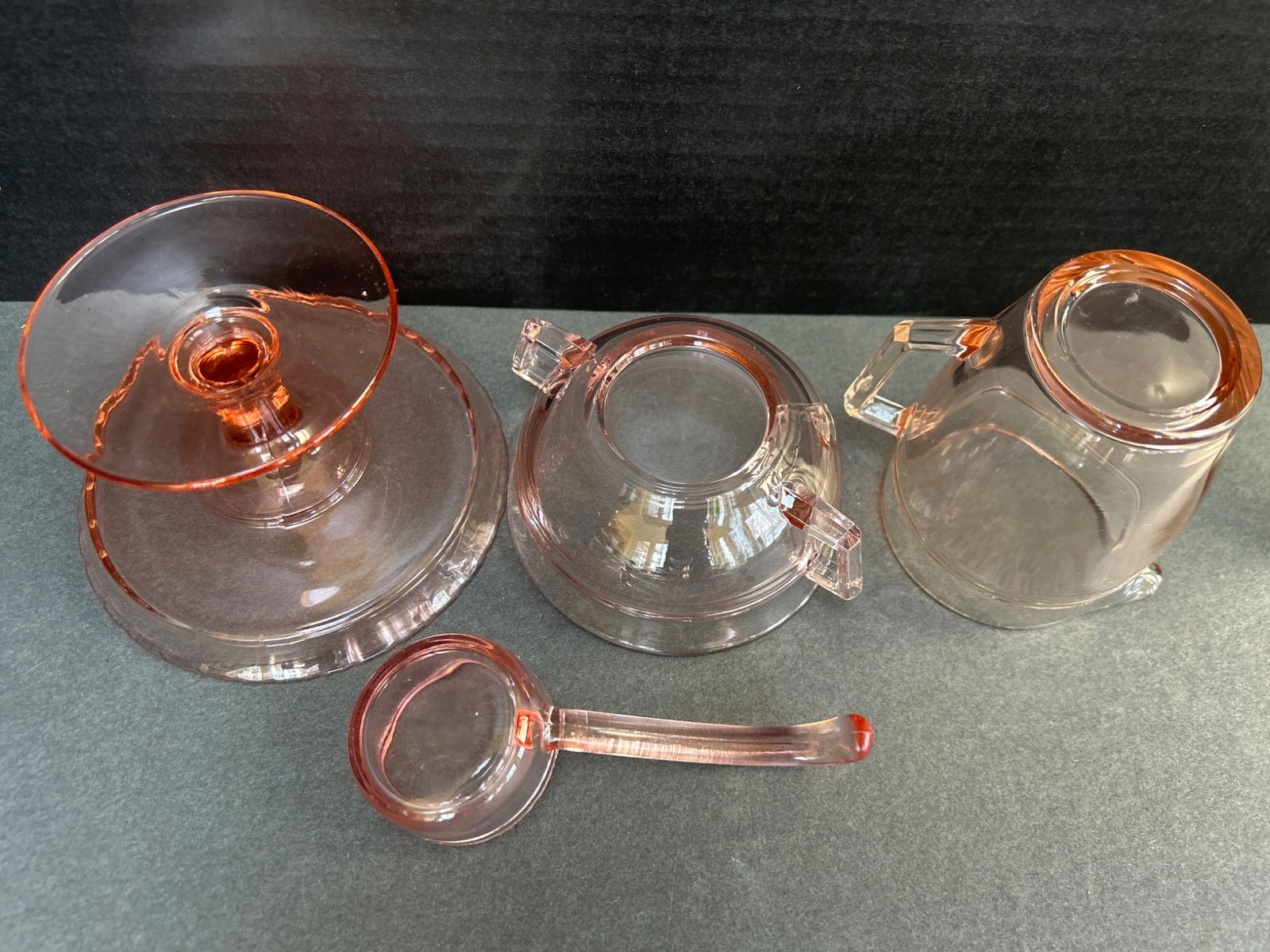 4 Pink Depression Glass Miniatures - Pedestal Dish, Handled Bowl, Pitcher, and Ladle - 8