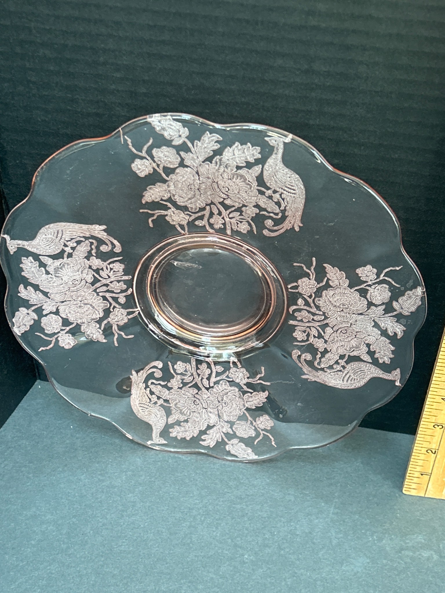 Pink Depression Glass Plate with Etched Peacock and Floral Pattern - 2