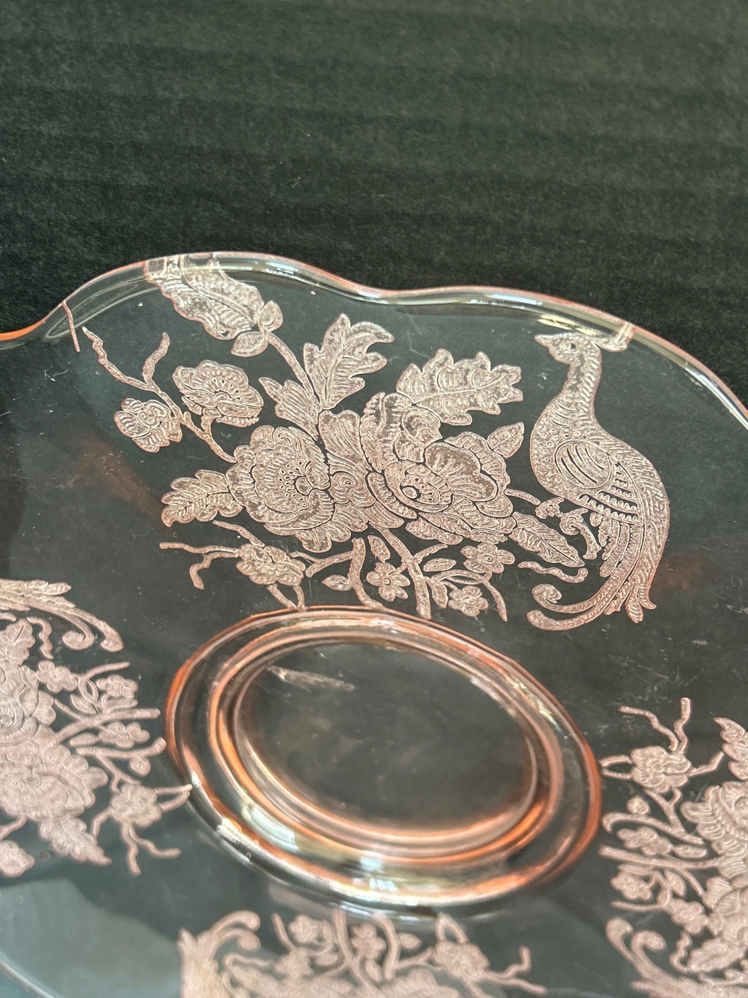 Pink Depression Glass Plate with Etched Peacock and Floral Pattern - 3