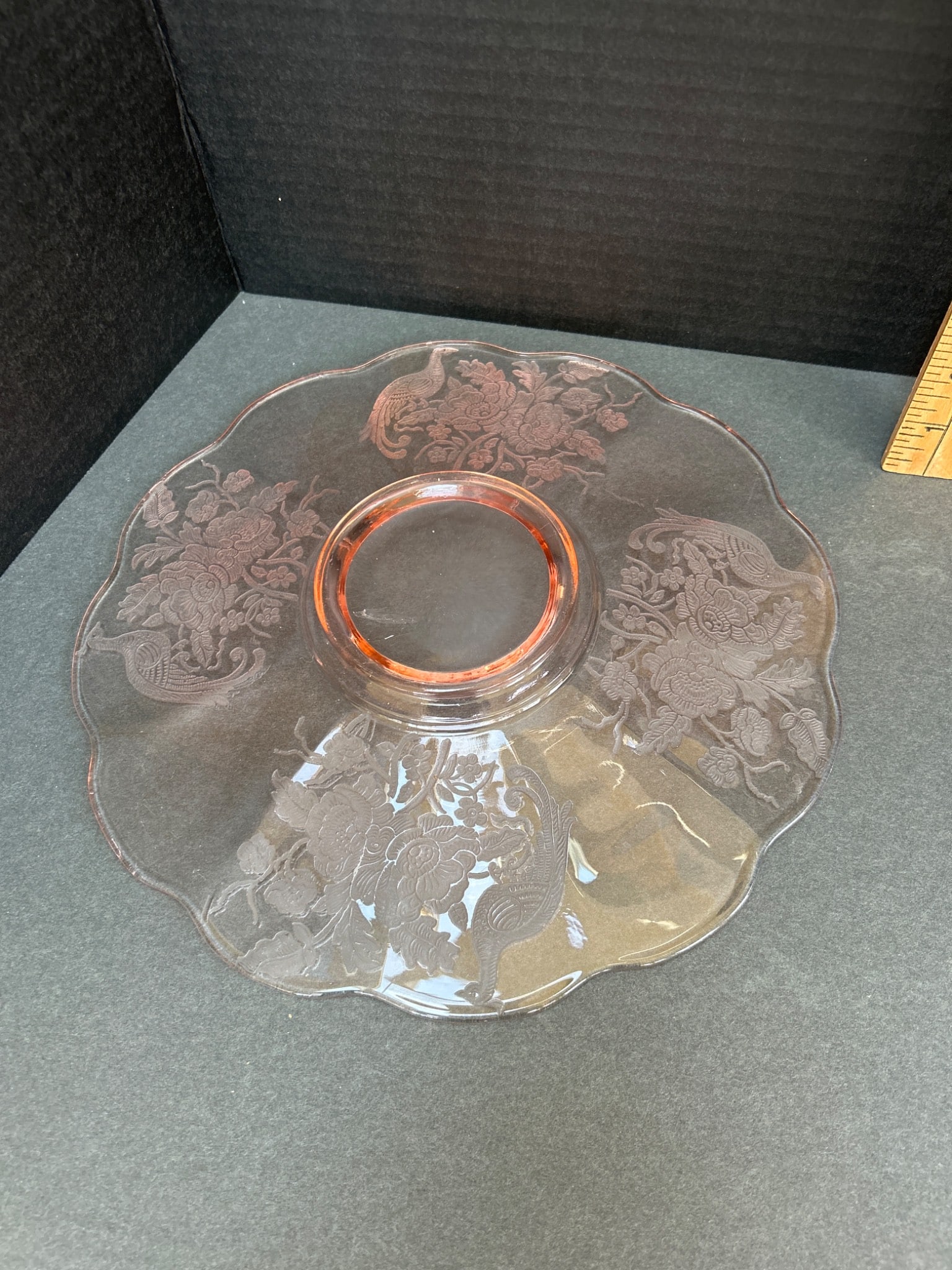 Pink Depression Glass Plate with Etched Peacock and Floral Pattern - 4