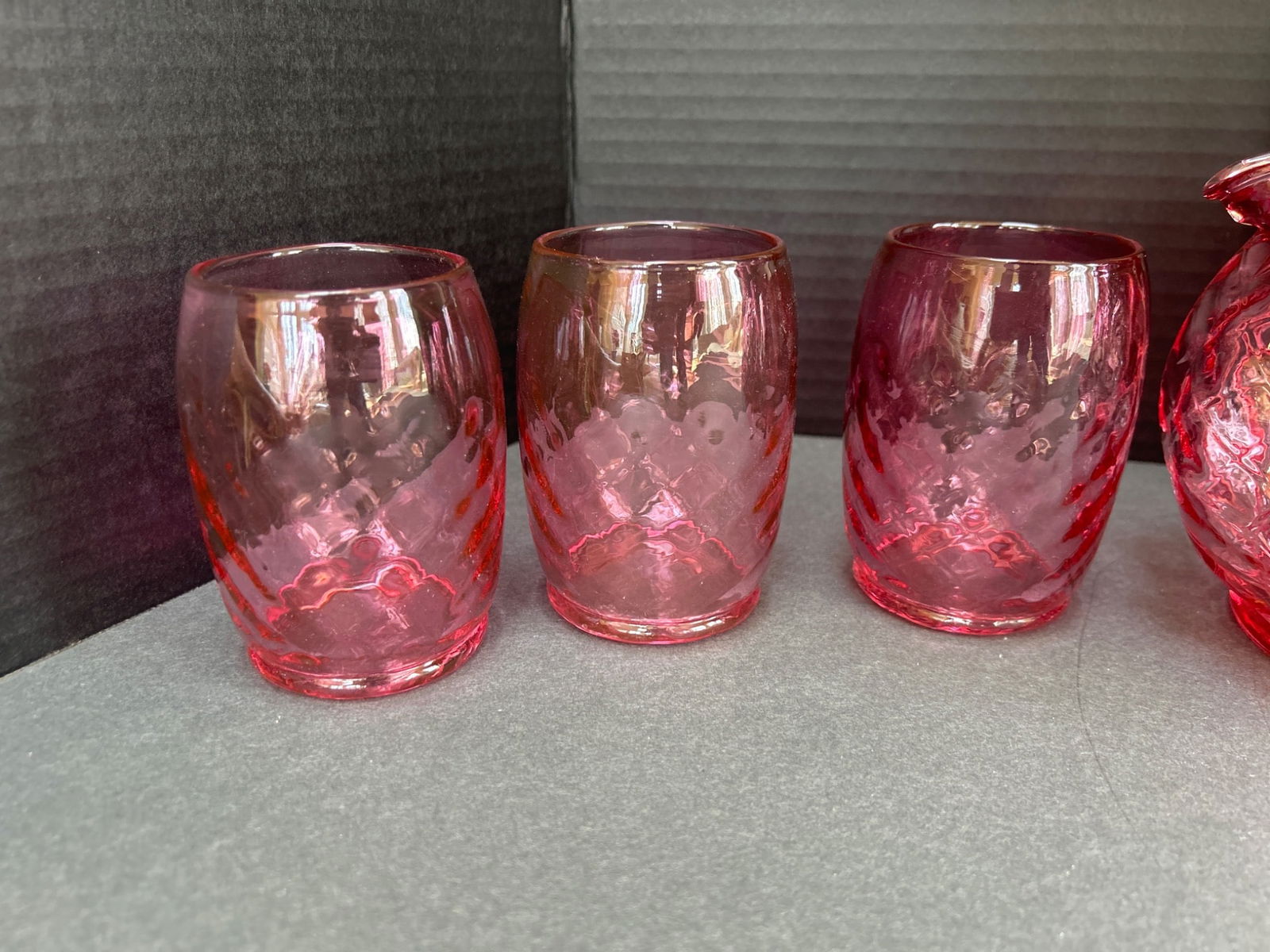 Pink Glass Pitcher and Six Matching Glasses Set with Diamond Pattern - 2