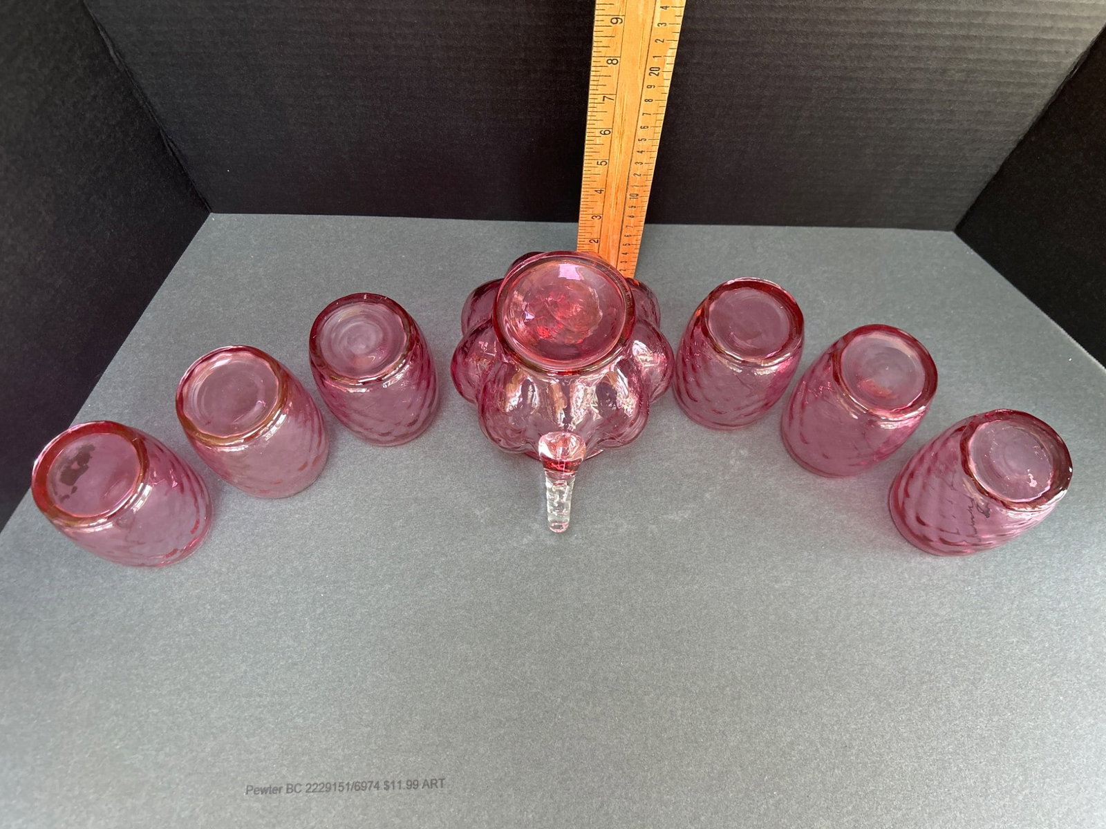 Pink Glass Pitcher and Six Matching Glasses Set with Diamond Pattern - 5