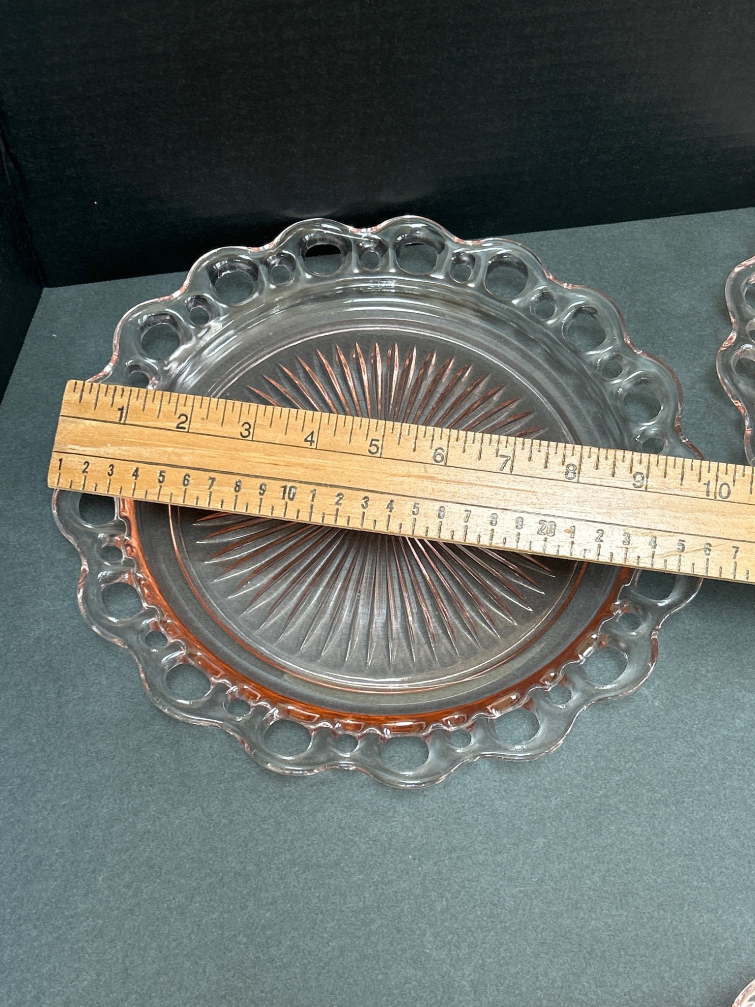 2 Pink Glass Plates with Open Lace Edge and Starburst Pattern - 2