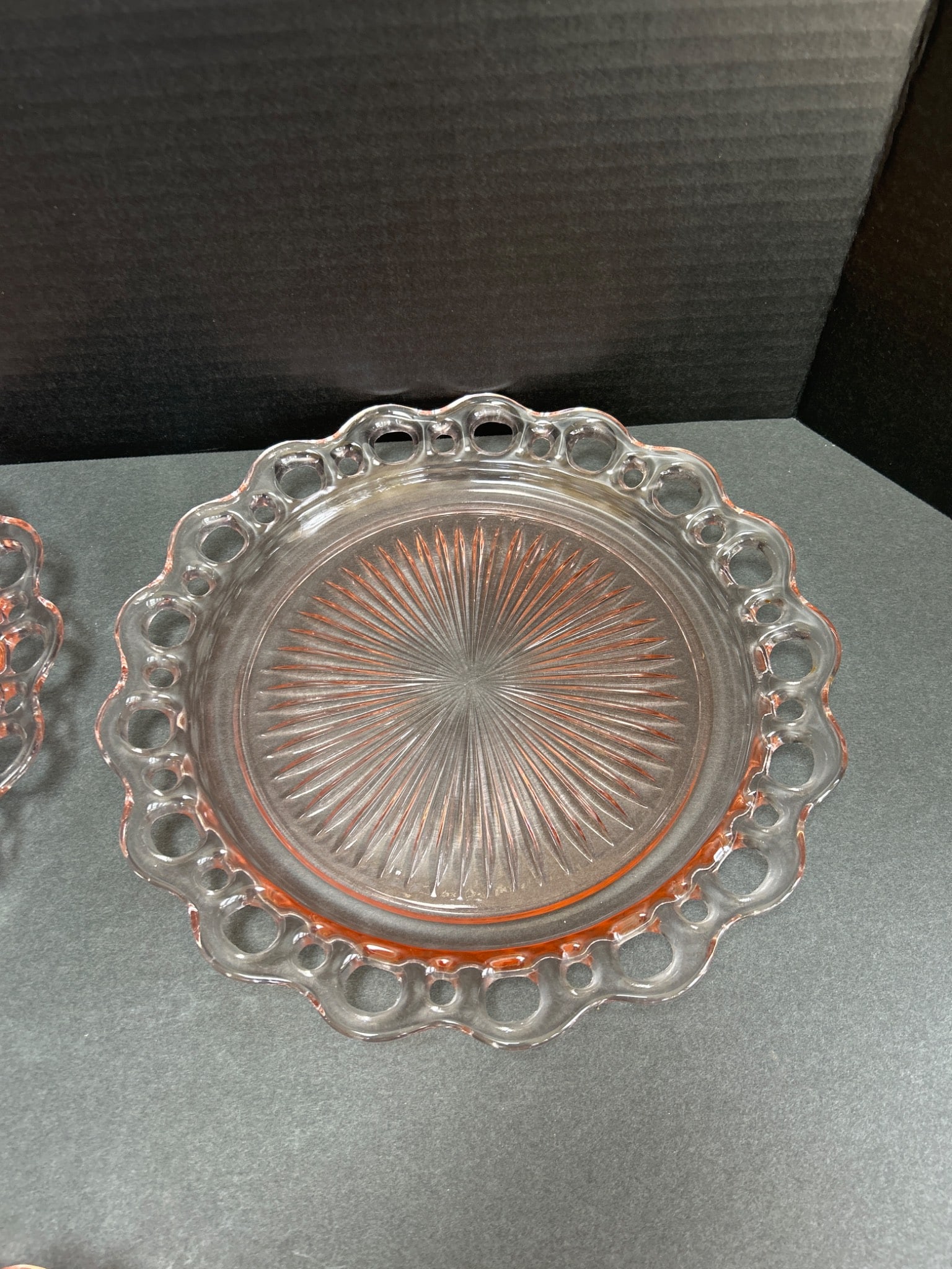 2 Pink Glass Plates with Open Lace Edge and Starburst Pattern - 3