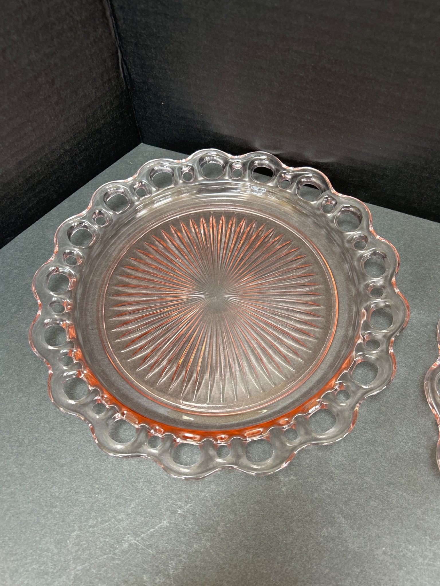 2 Pink Glass Plates with Open Lace Edge and Starburst Pattern - 4