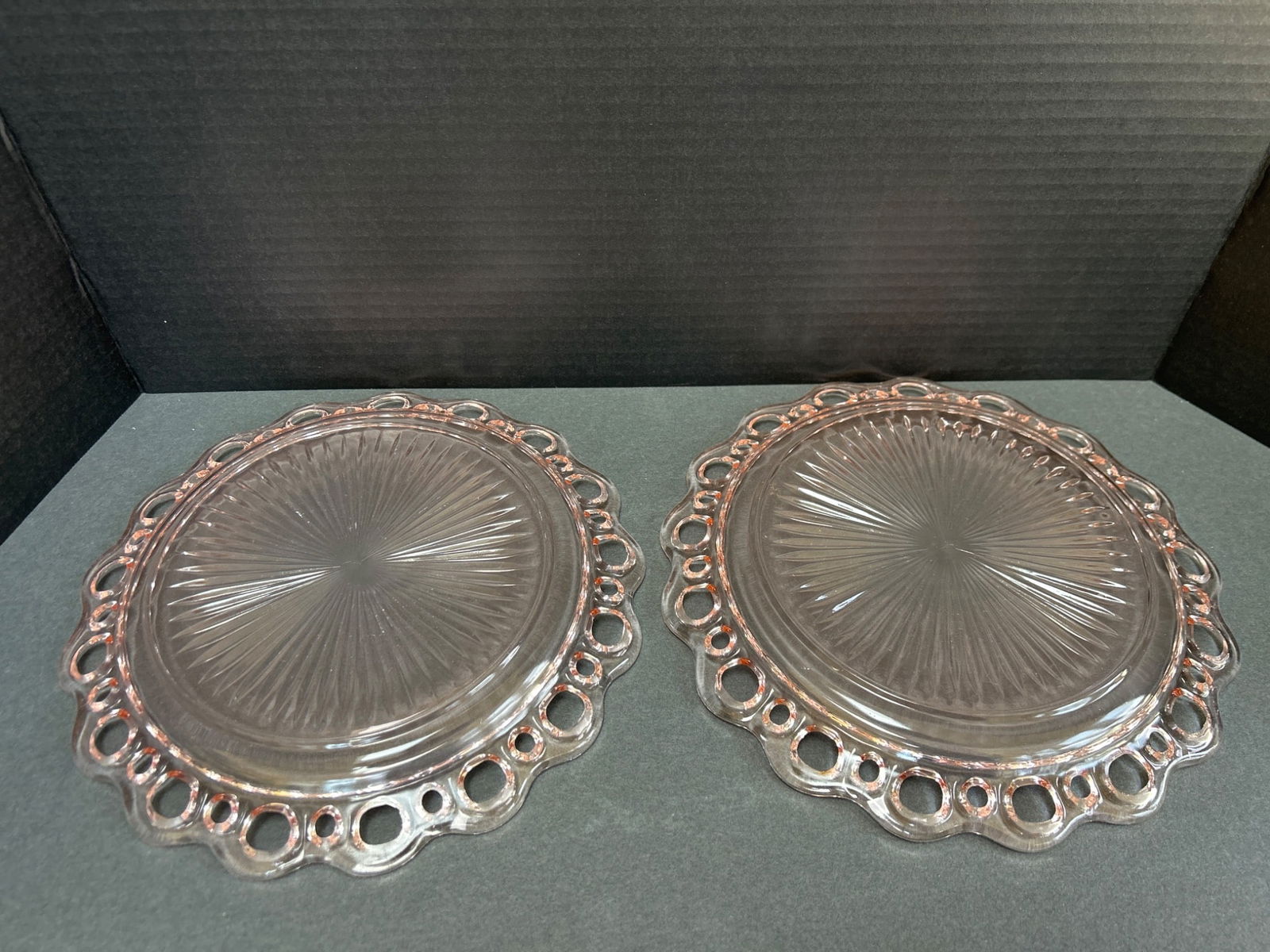 2 Pink Glass Plates with Open Lace Edge and Starburst Pattern - 5