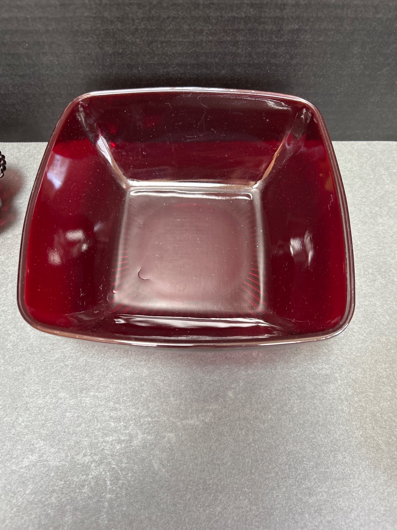 2 Red Glassware Pieces: Square Bowl and Rectangular Dish - 2