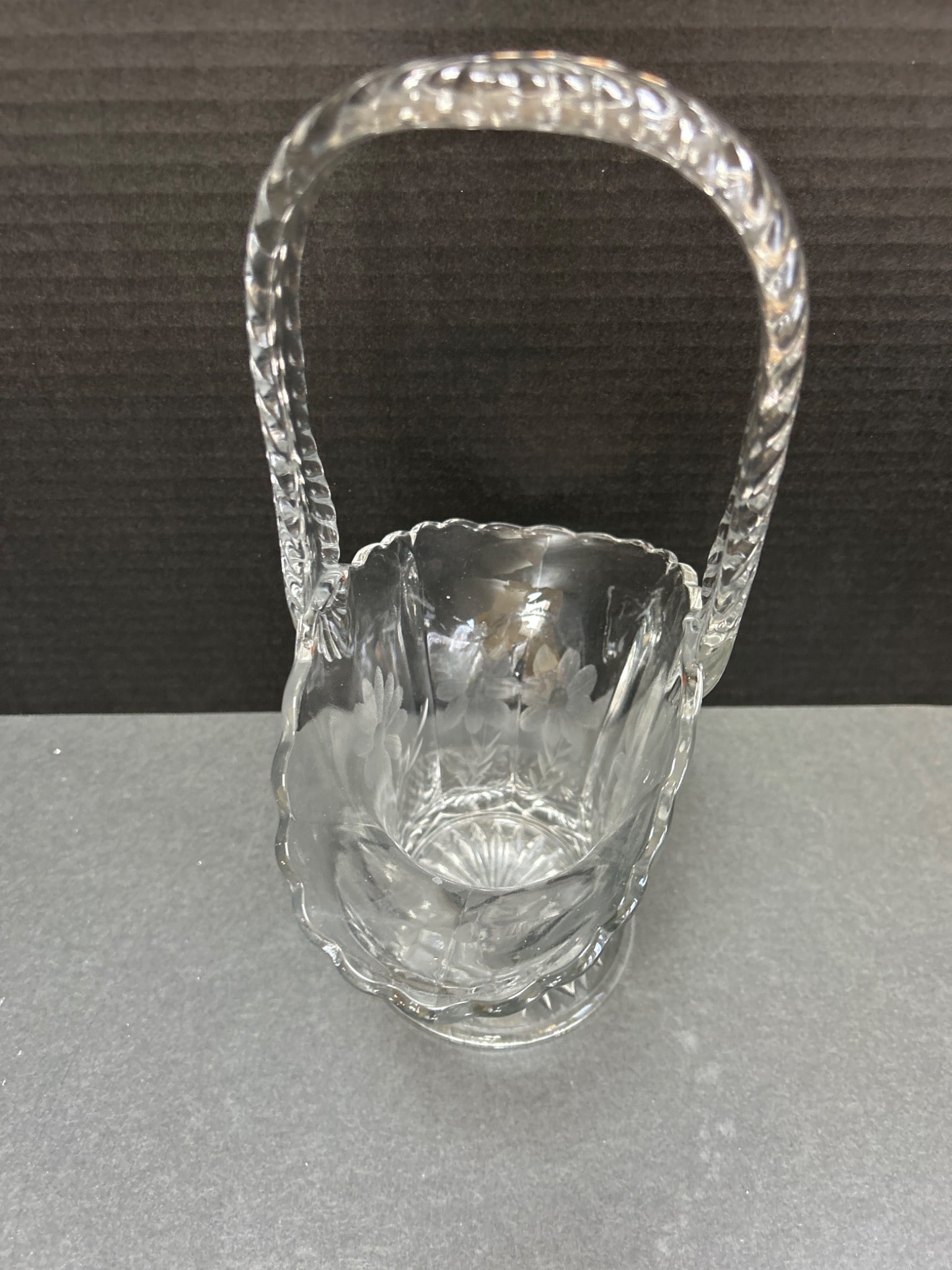 Etched Clear Glass Basket with Handle and Floral Motif - 2