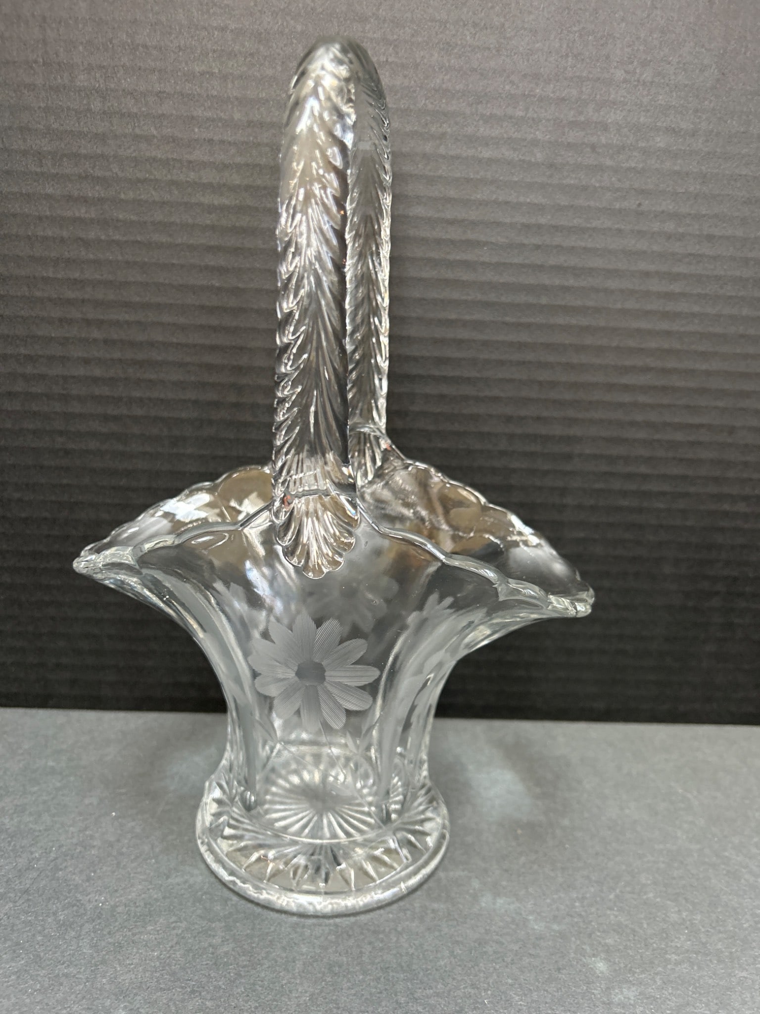 Etched Clear Glass Basket with Handle and Floral Motif - 3