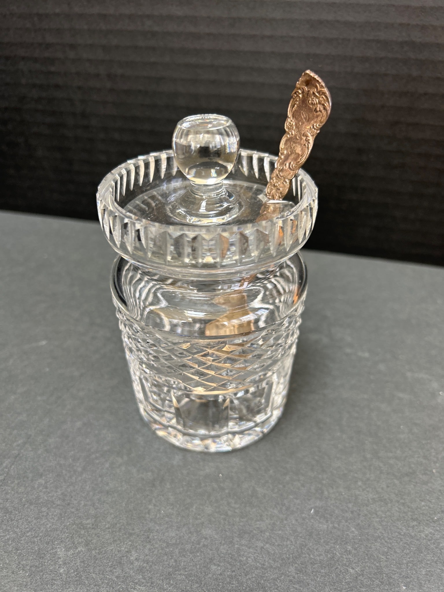 Cut Glass Condiment Jar With Sterling Silver Spoon - 3