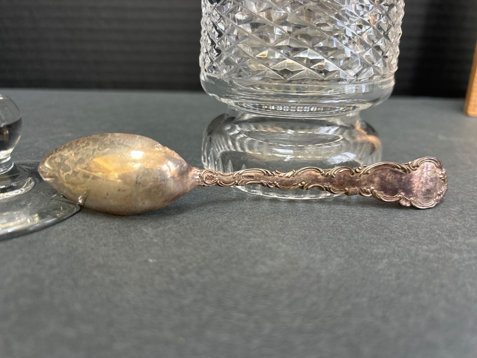 Cut Glass Condiment Jar With Sterling Silver Spoon - 6