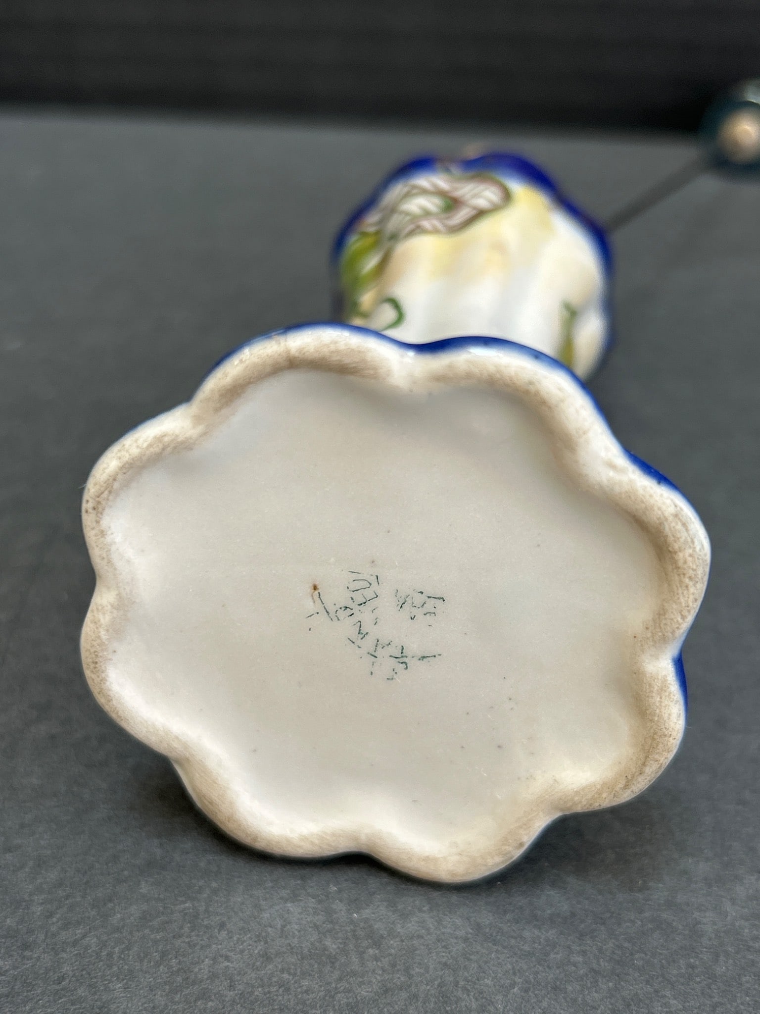 Hand-Painted Ceramic Hatpin Holder with Floral Design and Scalloped Base - 6