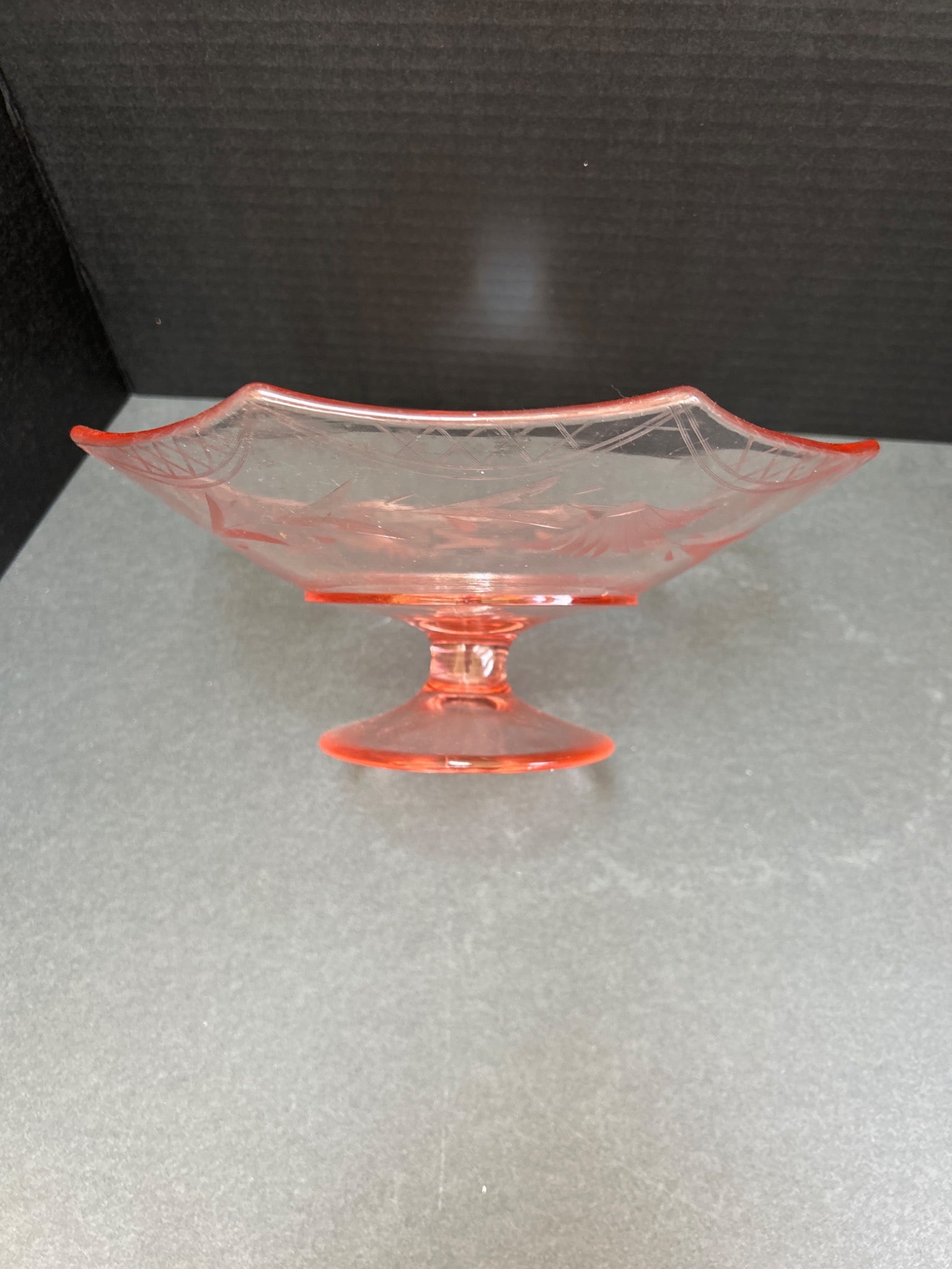 Pink Glass Pedestal Compote With Engraved Bird Motif and Geometric Design - 2